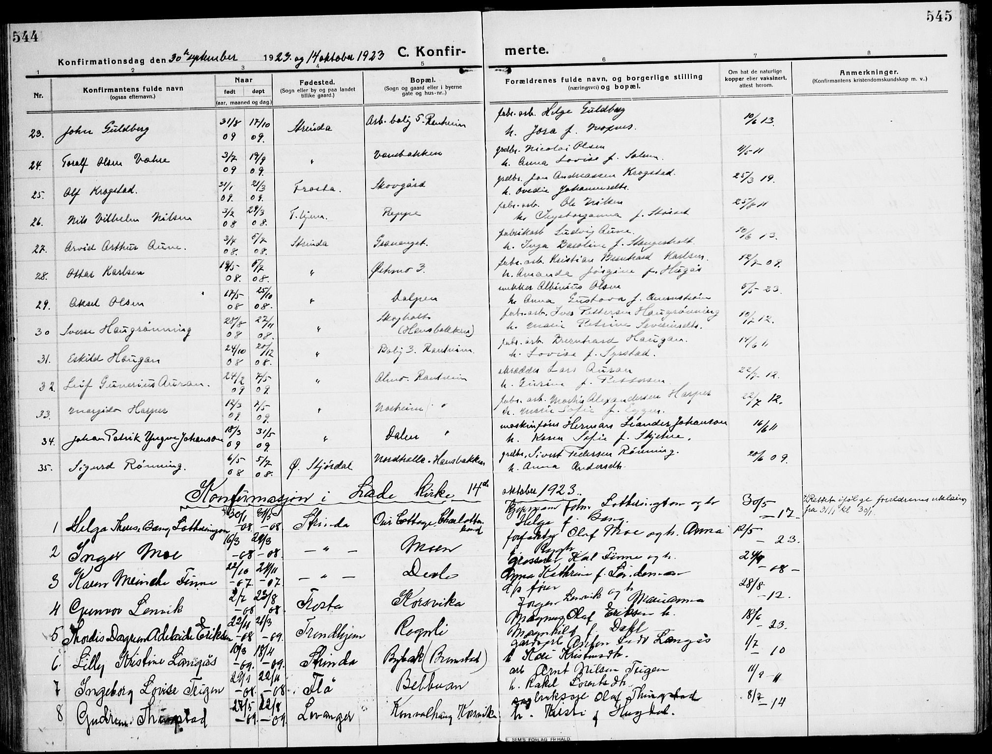 Ministerialprotokoller, klokkerbøker og fødselsregistre - Sør-Trøndelag, AV/SAT-A-1456/607/L0321: Parish register (official) no. 607A05, 1916-1935, p. 544-545