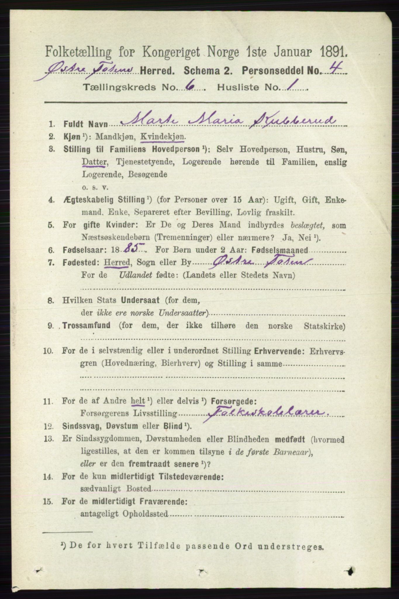 RA, 1891 census for 0528 Østre Toten, 1891, p. 3785