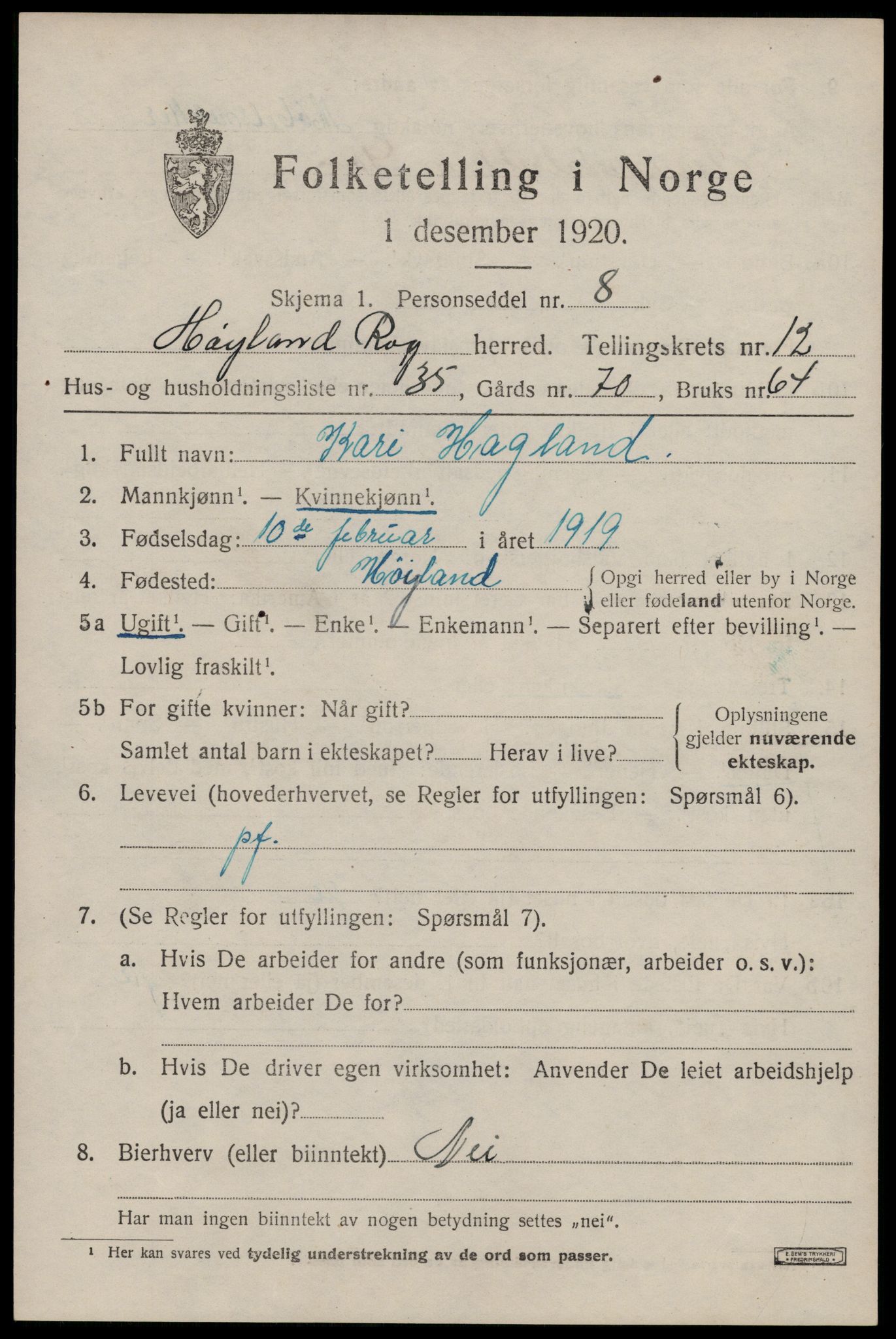 SAST, 1920 census for Høyland, 1920, p. 9800