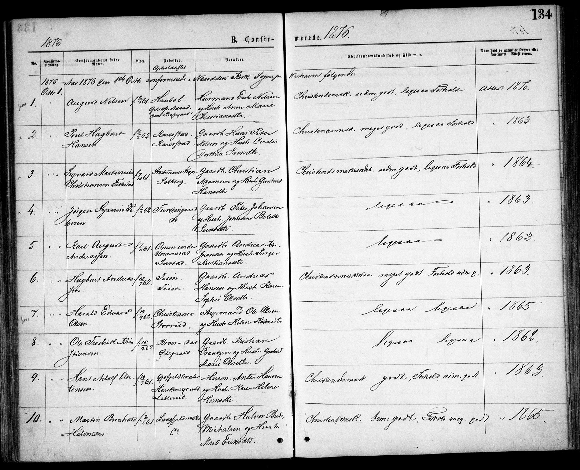 Nesodden prestekontor Kirkebøker, AV/SAO-A-10013/F/Fa/L0008: Parish register (official) no. I 8, 1869-1879, p. 134