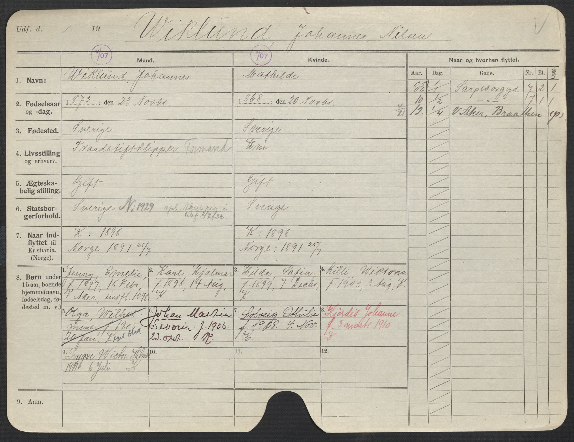 Oslo folkeregister, Registerkort, AV/SAO-A-11715/F/Fa/Fac/L0011: Menn, 1906-1914, p. 834a