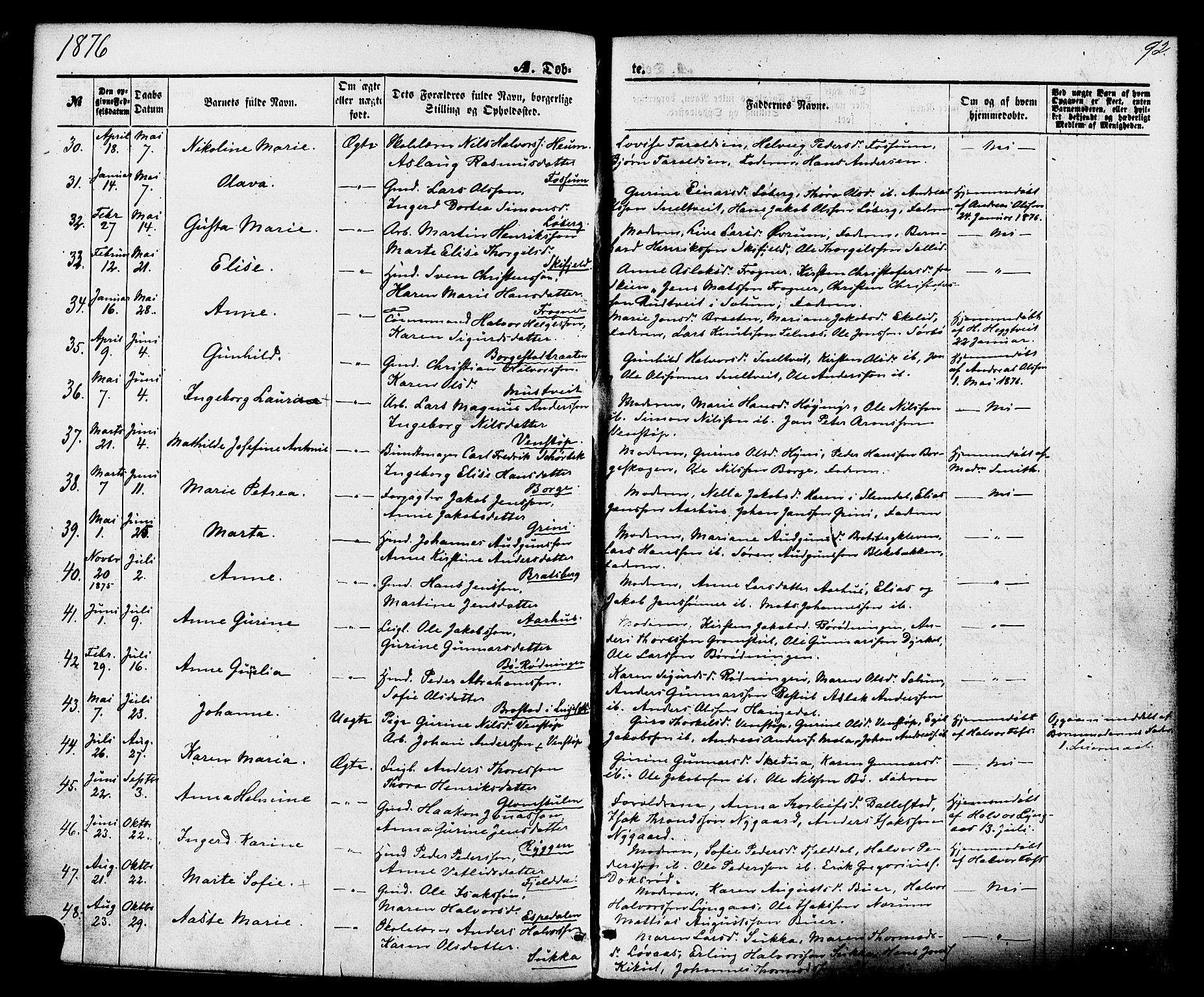 Gjerpen kirkebøker, SAKO/A-265/F/Fa/L0009: Parish register (official) no. I 9, 1872-1885, p. 92