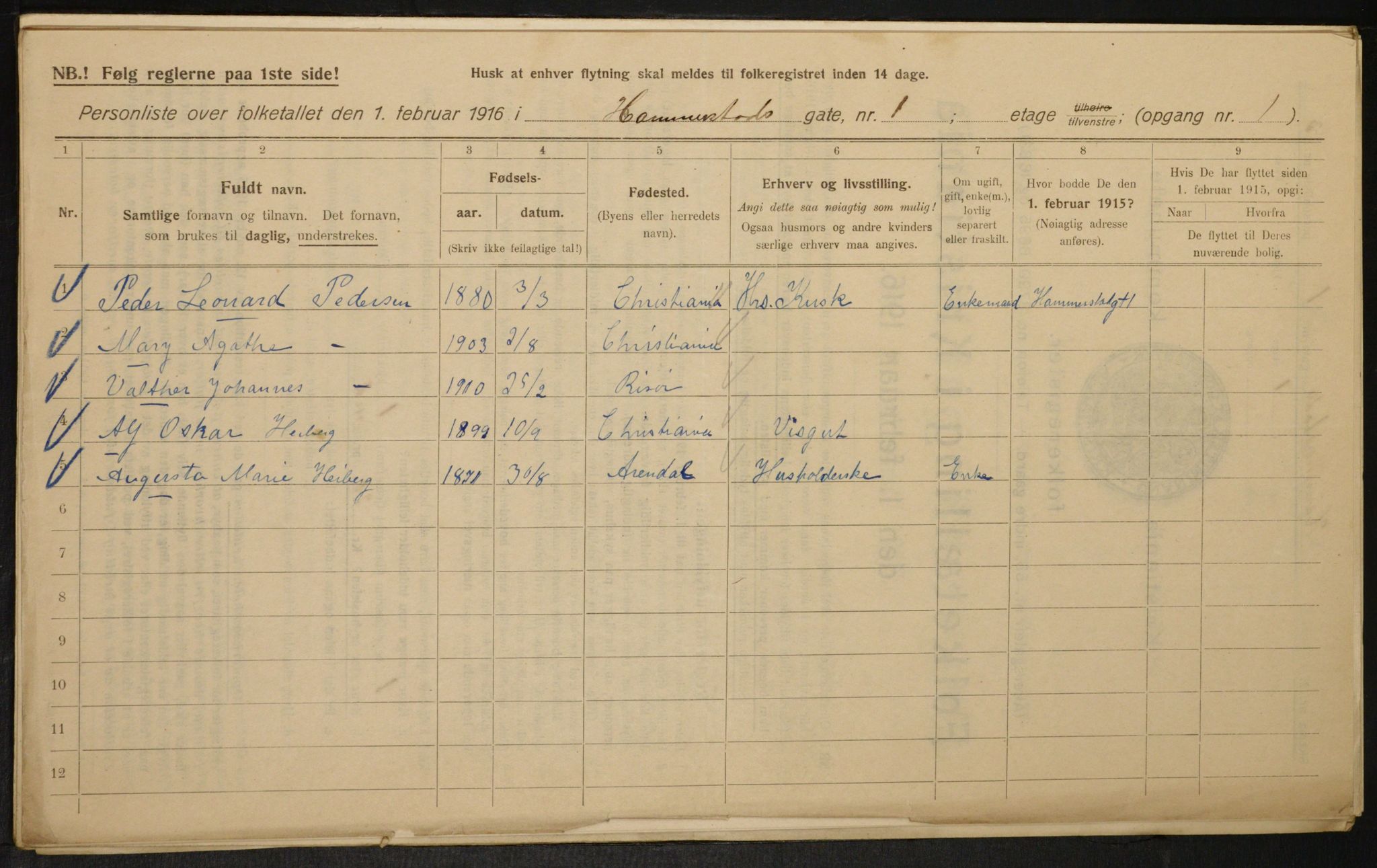 OBA, Municipal Census 1916 for Kristiania, 1916, p. 35124