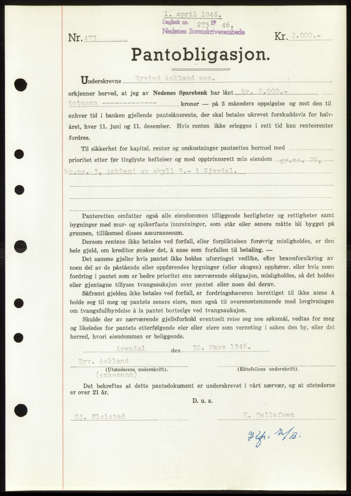 Nedenes sorenskriveri, SAK/1221-0006/G/Gb/Gbb/L0003: Mortgage book no. B3b, 1946-1946, Diary no: : 273/1946