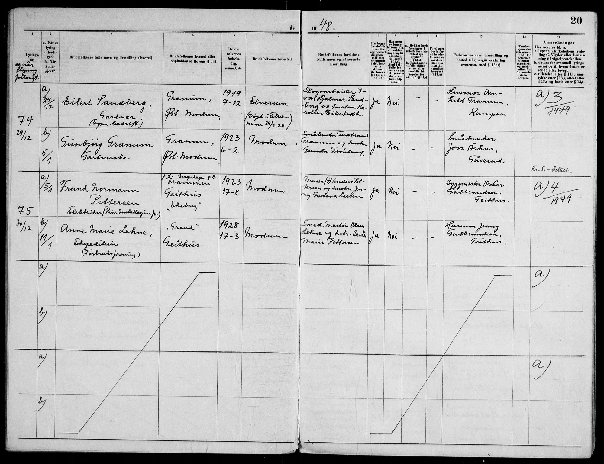 Modum kirkebøker, SAKO/A-234/H/Ha/L0005: Banns register no. I 5, 1949-1953, p. 20