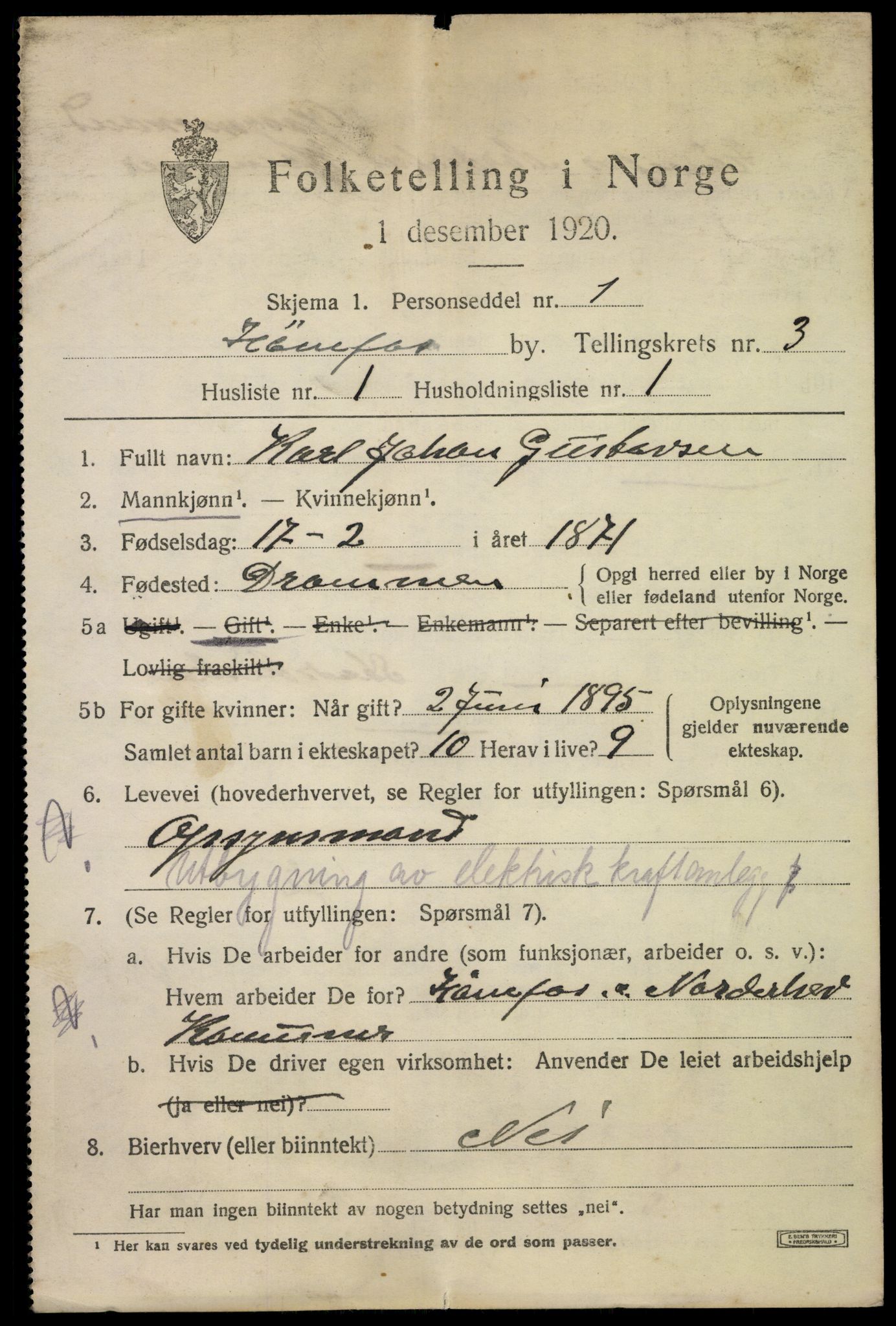 SAKO, 1920 census for Hønefoss, 1920, p. 5182