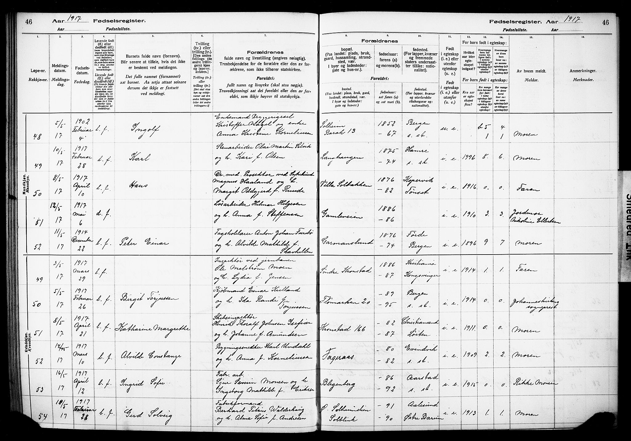 Årstad Sokneprestembete, AV/SAB-A-79301/I/Id/L0A01: Birth register no. A 1, 1916-1920, p. 46