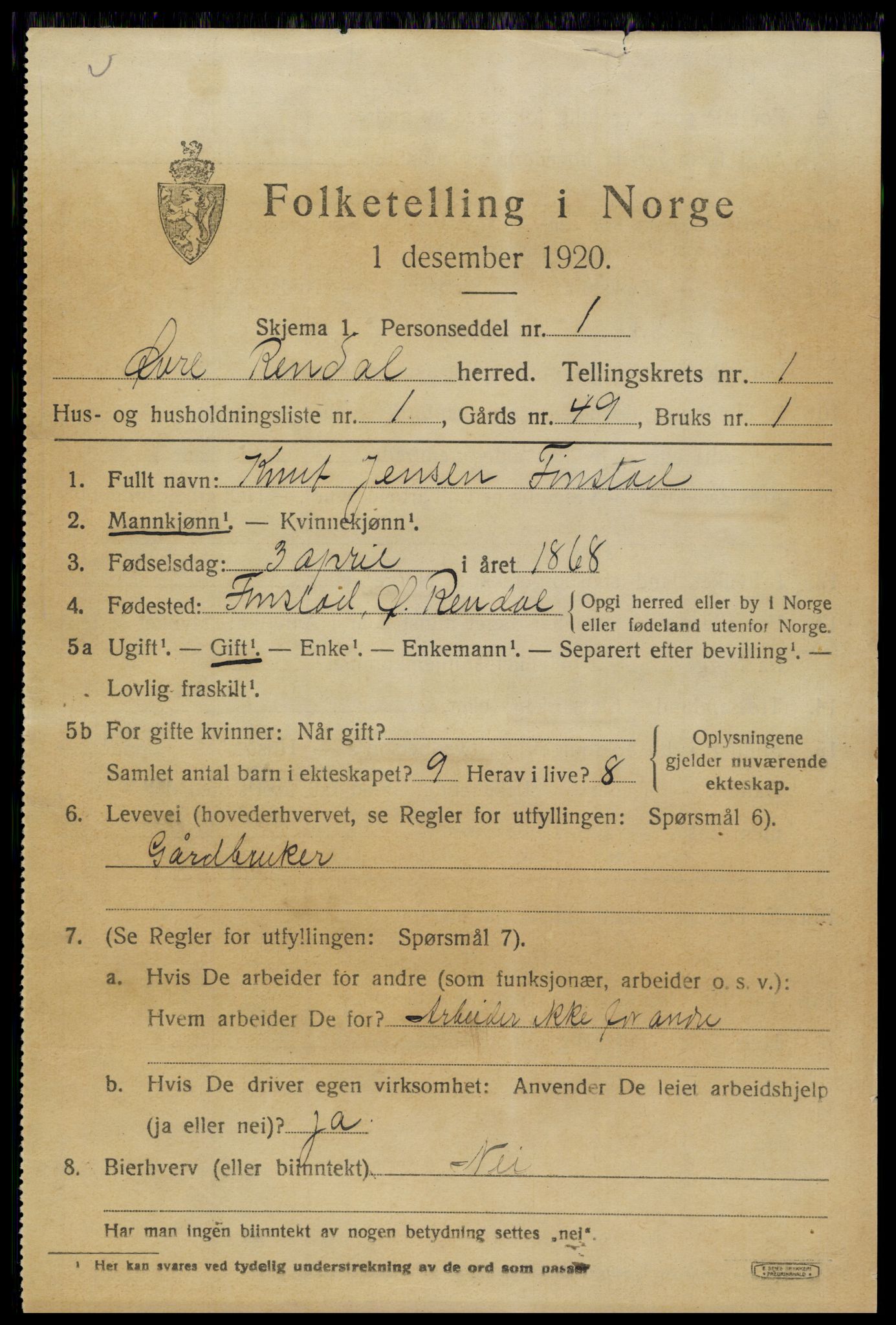 SAH, 1920 census for Øvre Rendal, 1920, p. 683