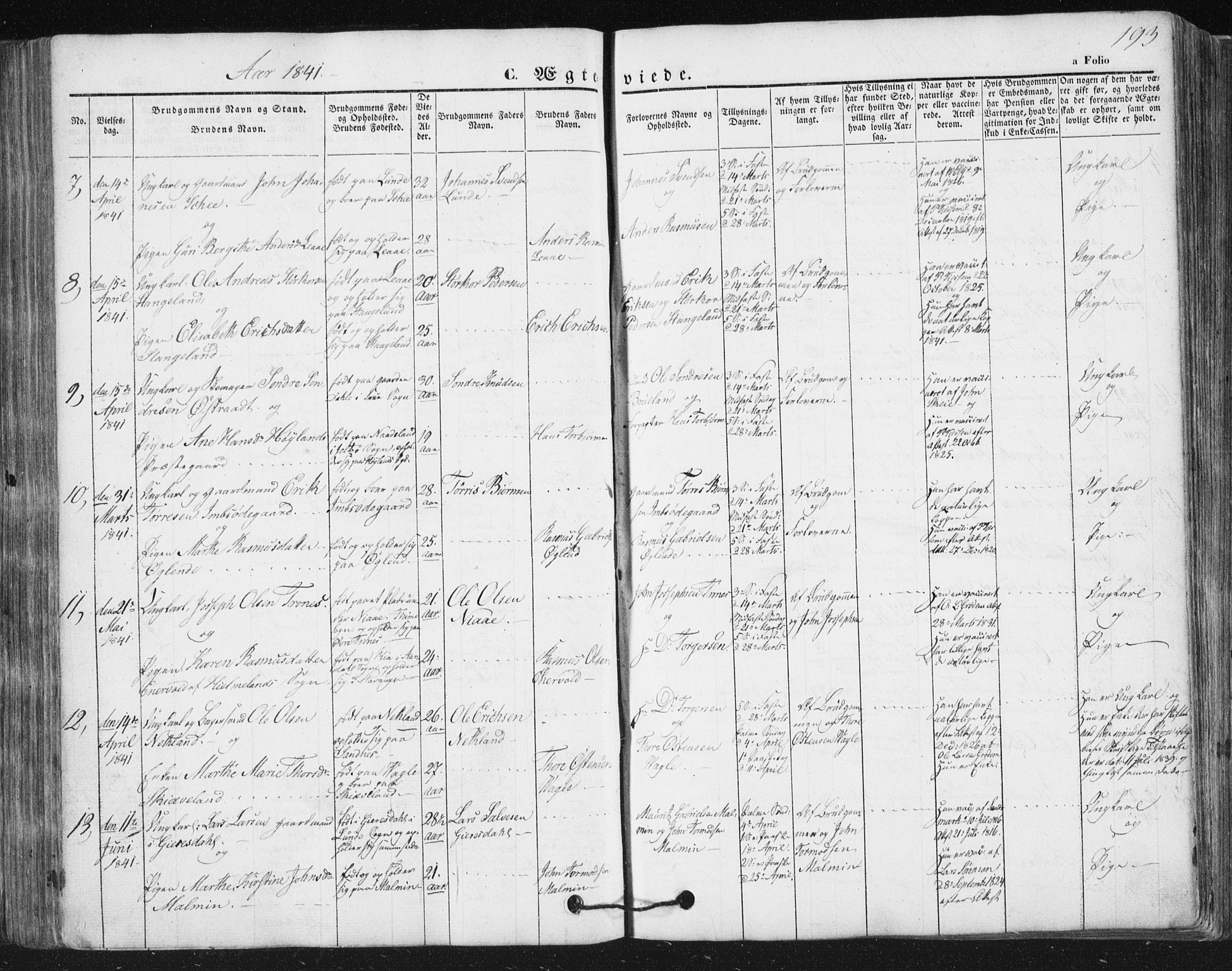 Høyland sokneprestkontor, SAST/A-101799/001/30BA/L0008: Parish register (official) no. A 8, 1841-1856, p. 193