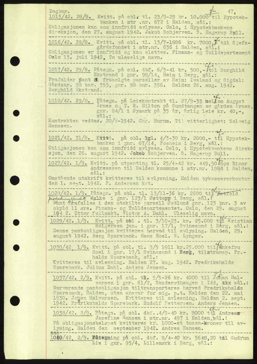 Idd og Marker sorenskriveri, AV/SAO-A-10283/G/Gb/Gbc/L0002: Mortgage book no. B4-9a, 1939-1945, Diary no: : 1015/1942