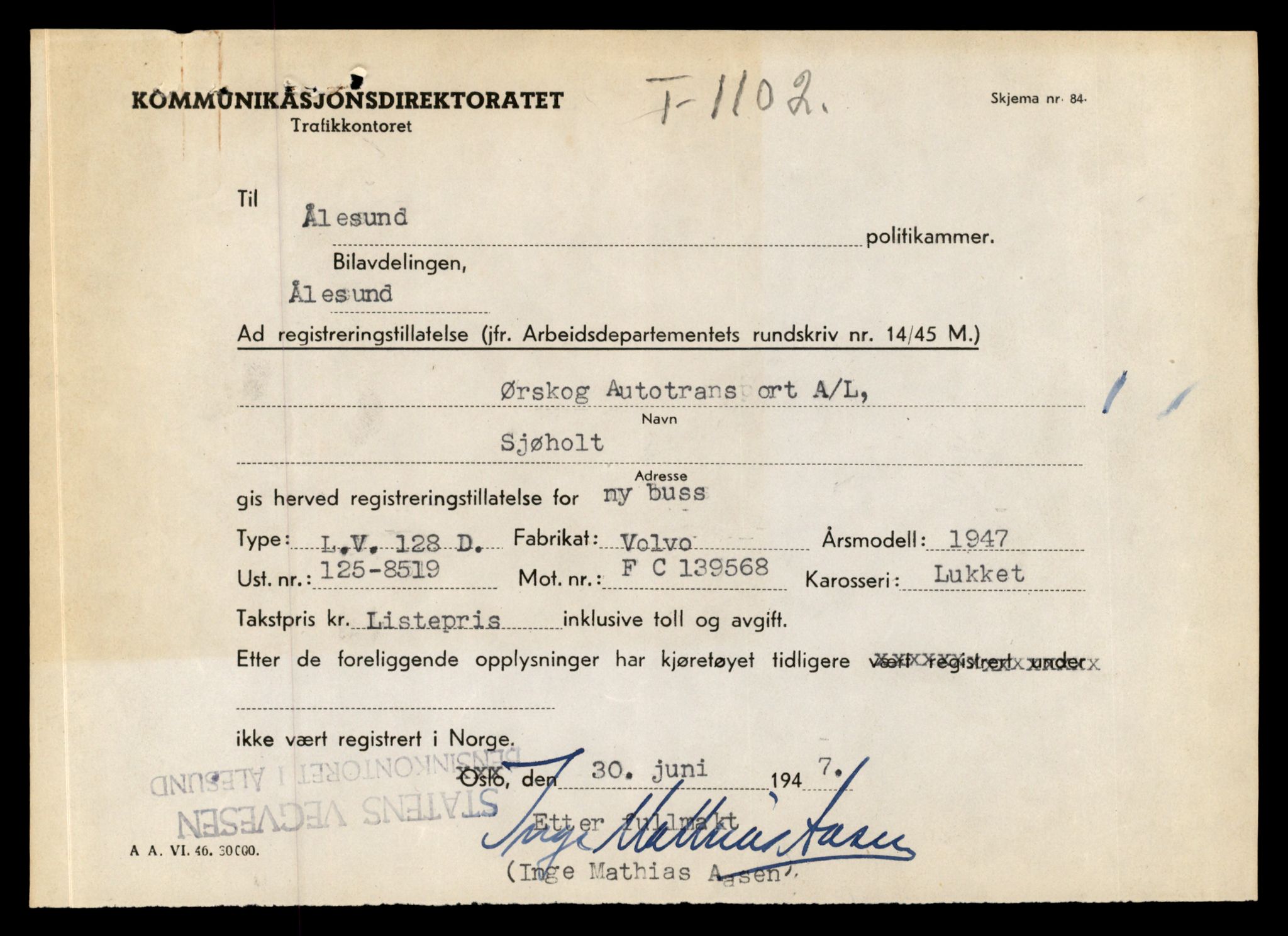 Møre og Romsdal vegkontor - Ålesund trafikkstasjon, AV/SAT-A-4099/F/Fe/L0010: Registreringskort for kjøretøy T 1050 - T 1169, 1927-1998, p. 1560