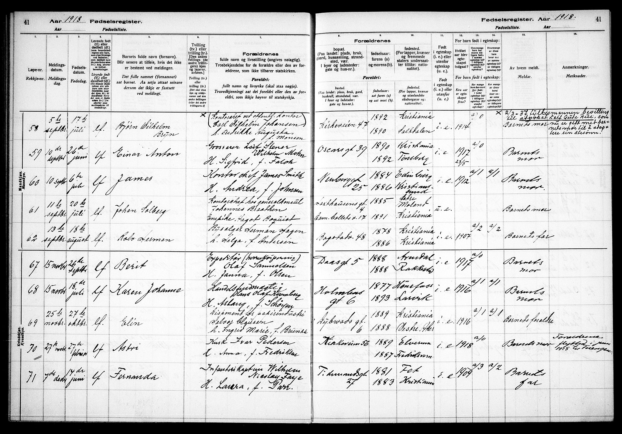 Uranienborg prestekontor Kirkebøker, AV/SAO-A-10877/J/Ja/L0001: Birth register no. 1, 1916-1930, p. 41