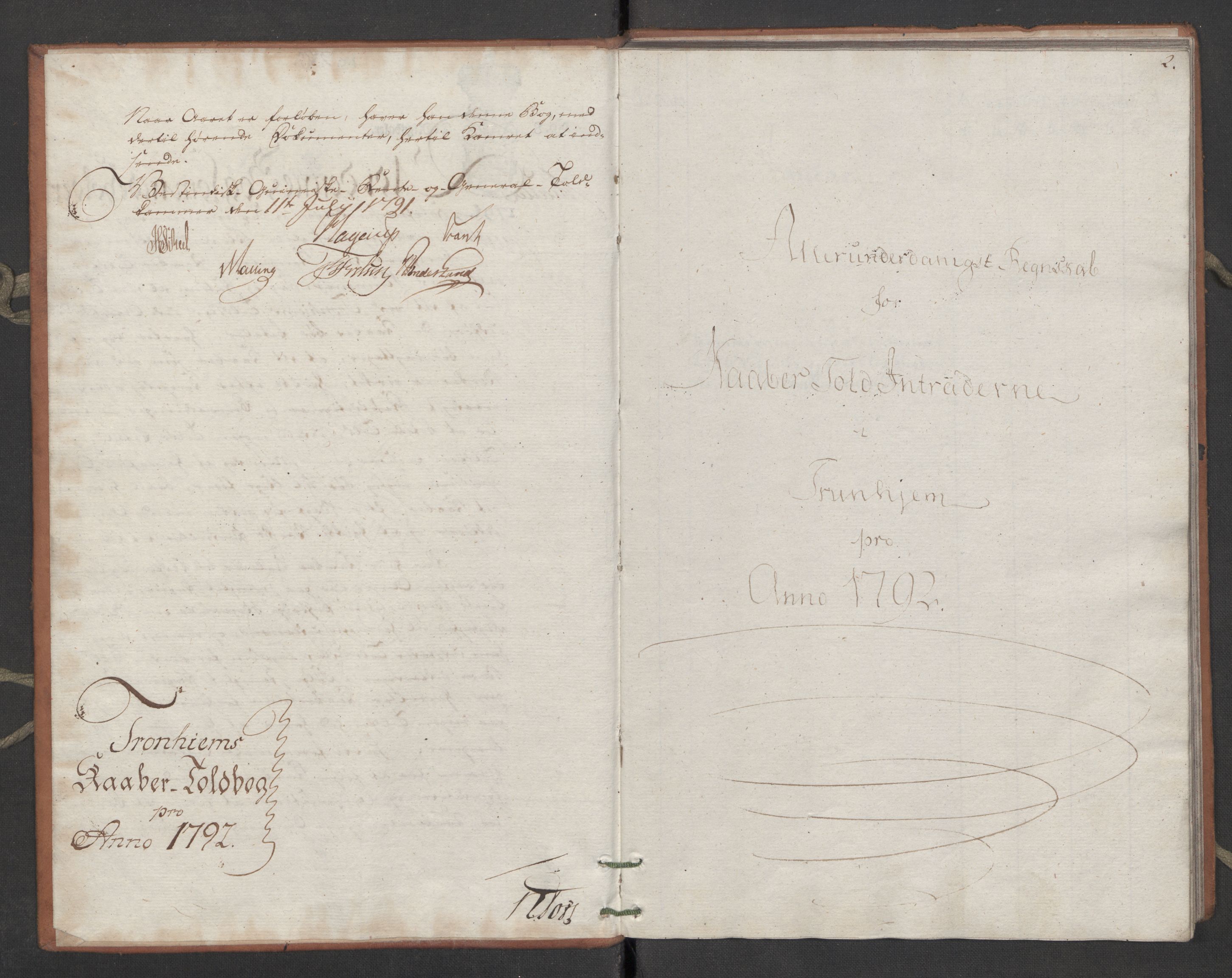 Generaltollkammeret, tollregnskaper, RA/EA-5490/R34/L0042/0001: Koppertollregnskaper Trondheim B / Tollbok for koppertollen, 1792