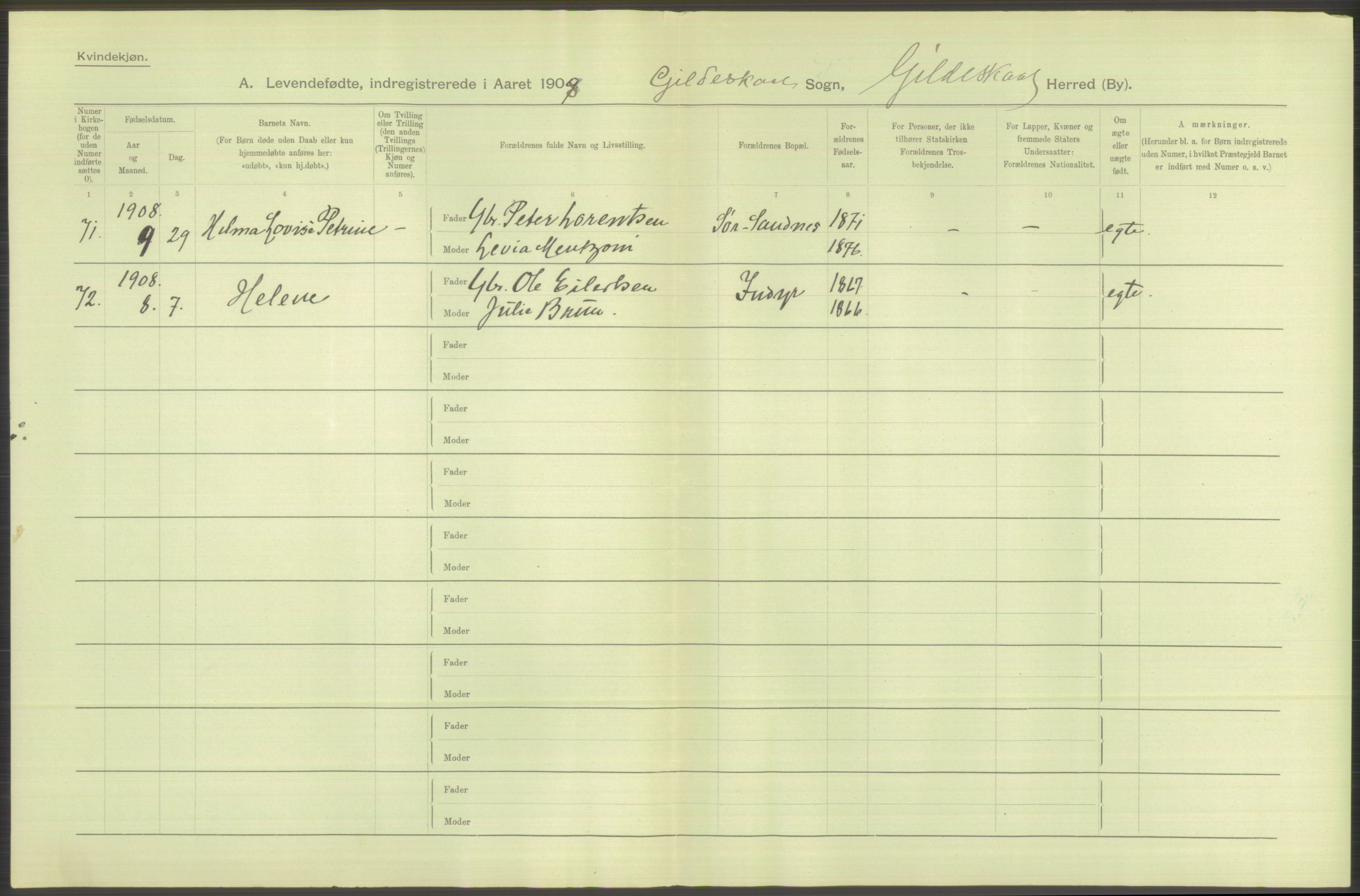 Statistisk sentralbyrå, Sosiodemografiske emner, Befolkning, AV/RA-S-2228/D/Df/Dfa/Dfaf/L0043: Nordlands amt: Levendefødte menn og kvinner. Bygder., 1908, p. 16