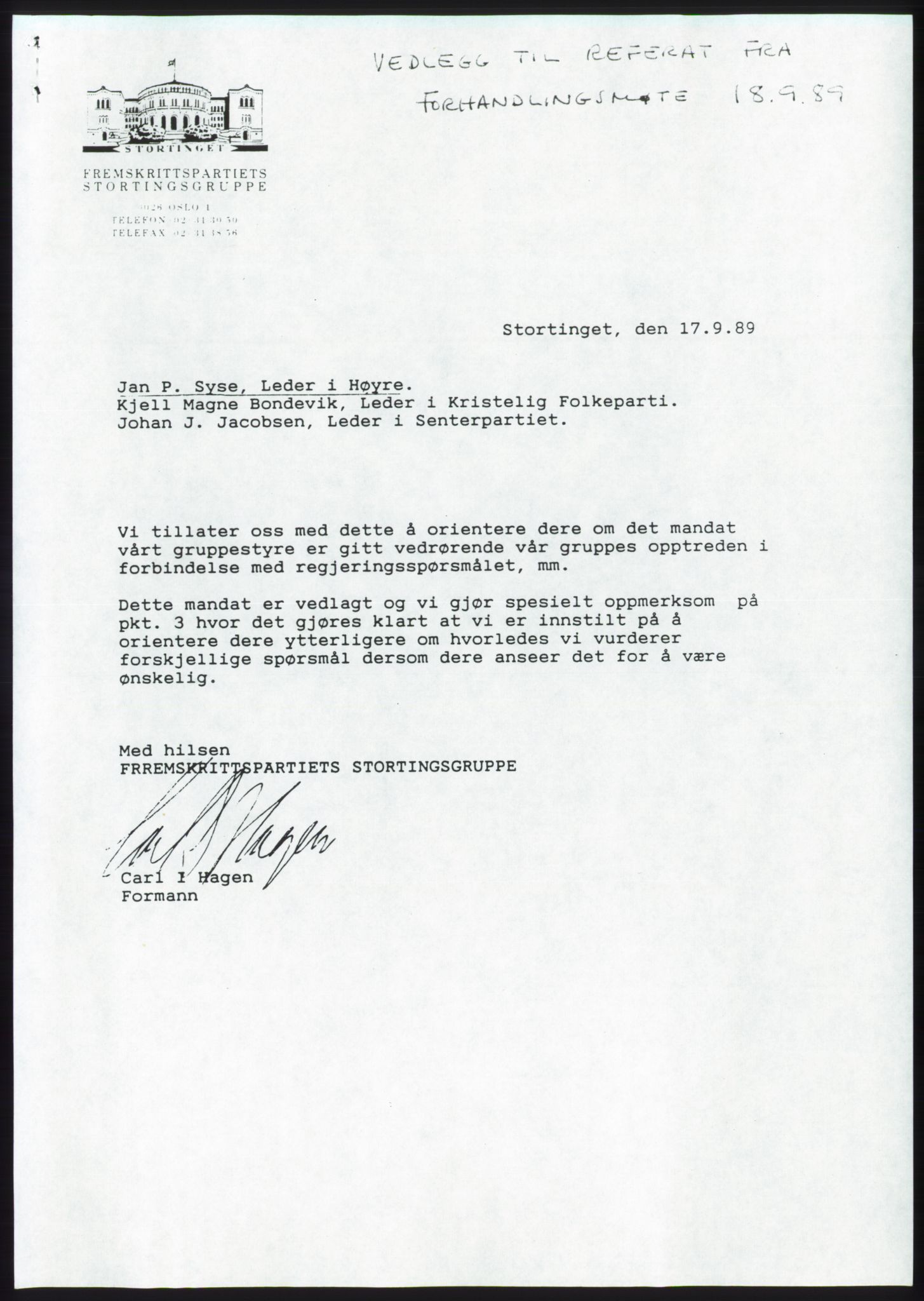 Forhandlingsmøtene 1989 mellom Høyre, KrF og Senterpartiet om dannelse av regjering, RA/PA-0697/A/L0001: Forhandlingsprotokoll med vedlegg, 1989, p. 18
