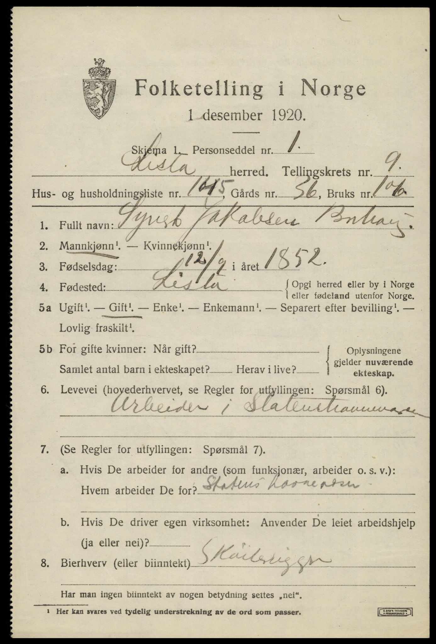 SAK, 1920 census for Lista, 1920, p. 10147