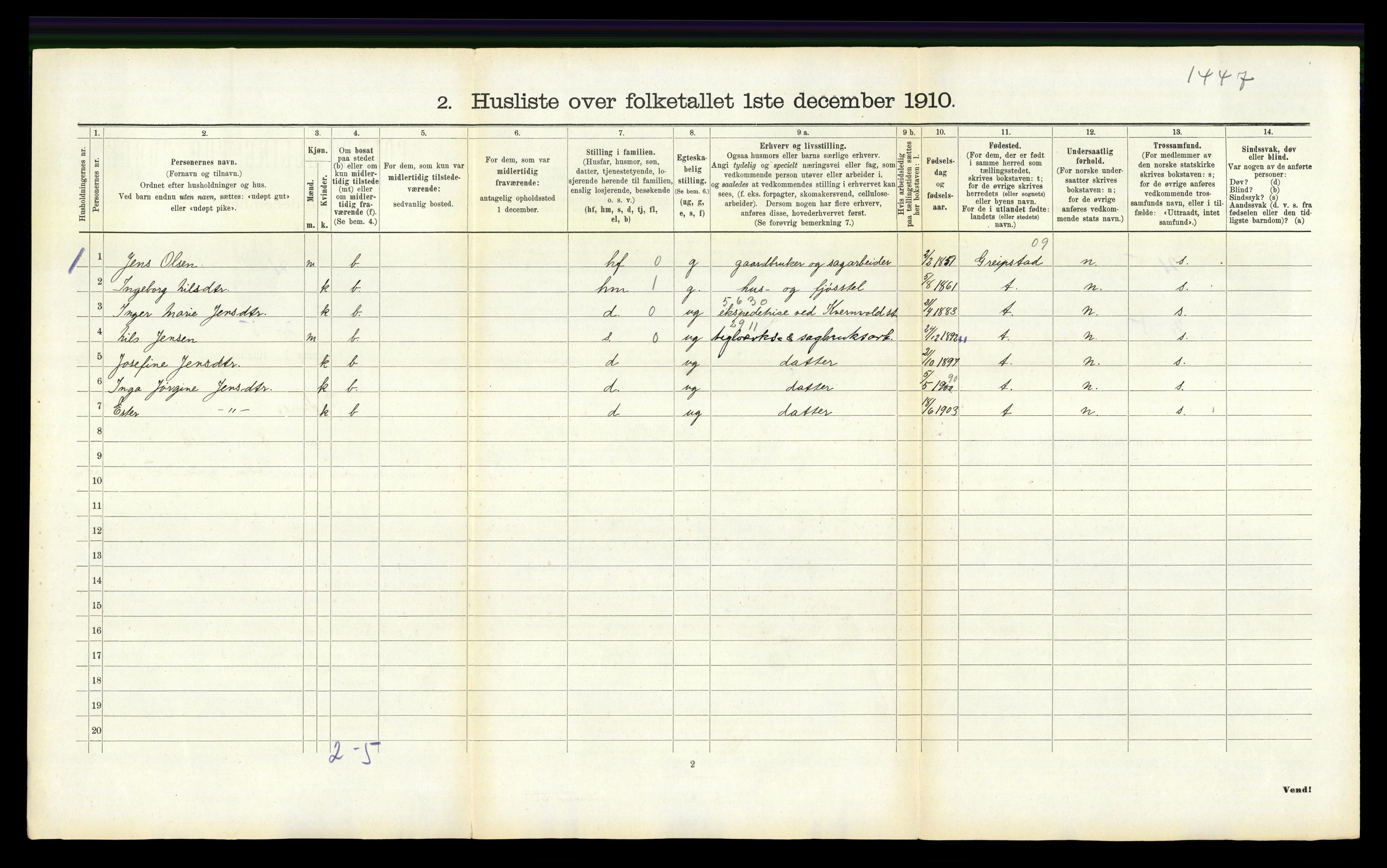 RA, 1910 census for Oddernes, 1910, p. 584