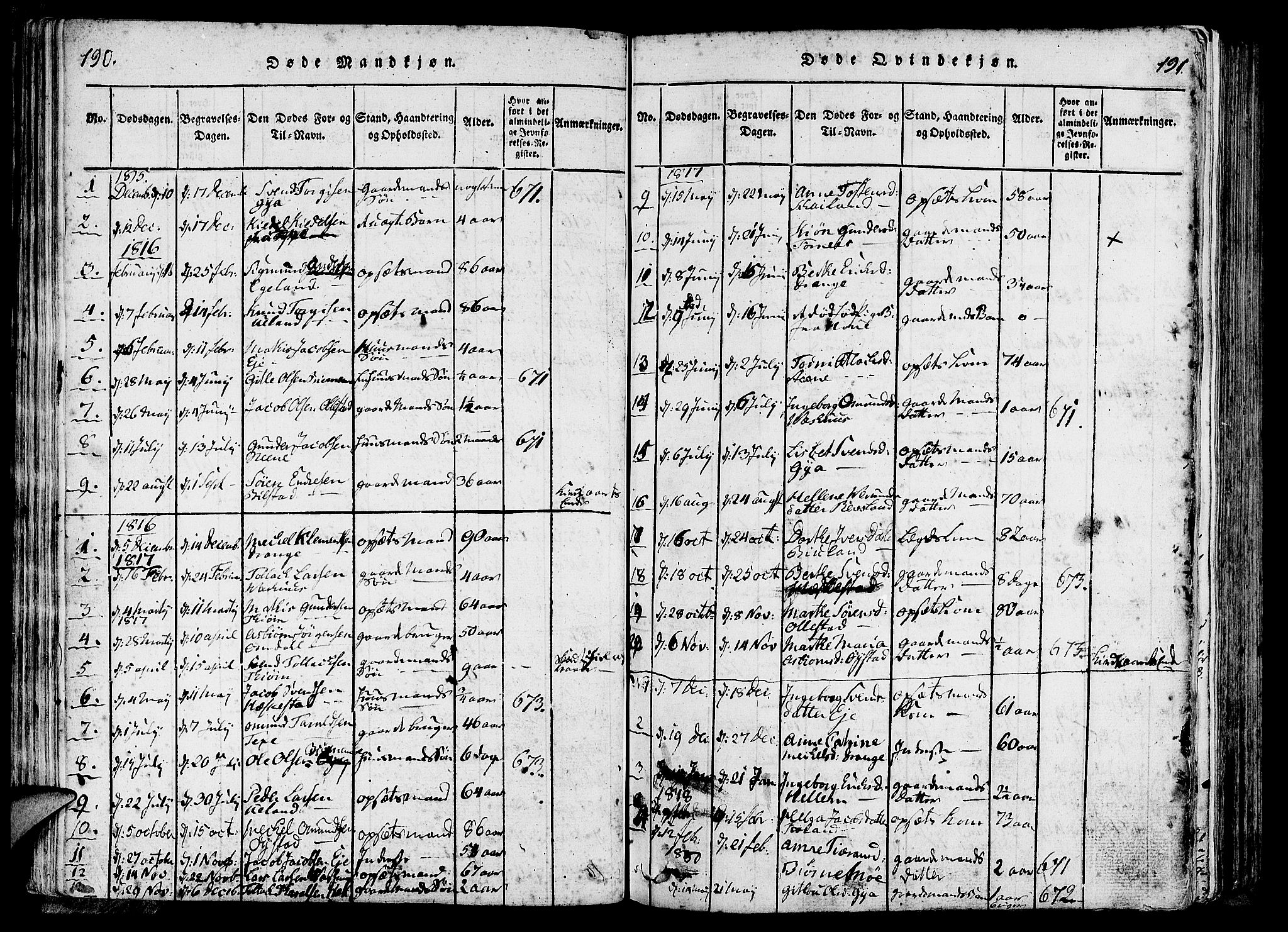 Lund sokneprestkontor, SAST/A-101809/S06/L0006: Parish register (official) no. A 6, 1816-1839, p. 190-191