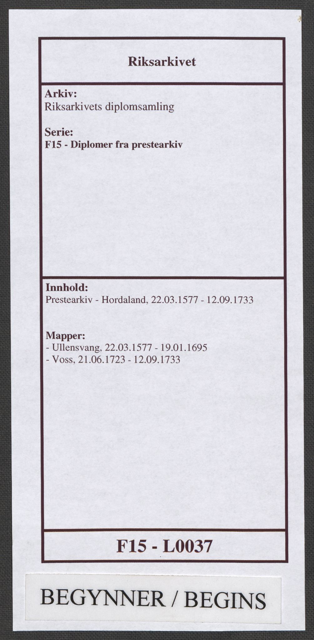 Riksarkivets diplomsamling, AV/RA-EA-5965/F15/L0037: Prestearkiv - Hordaland, 1577-1733, p. 1