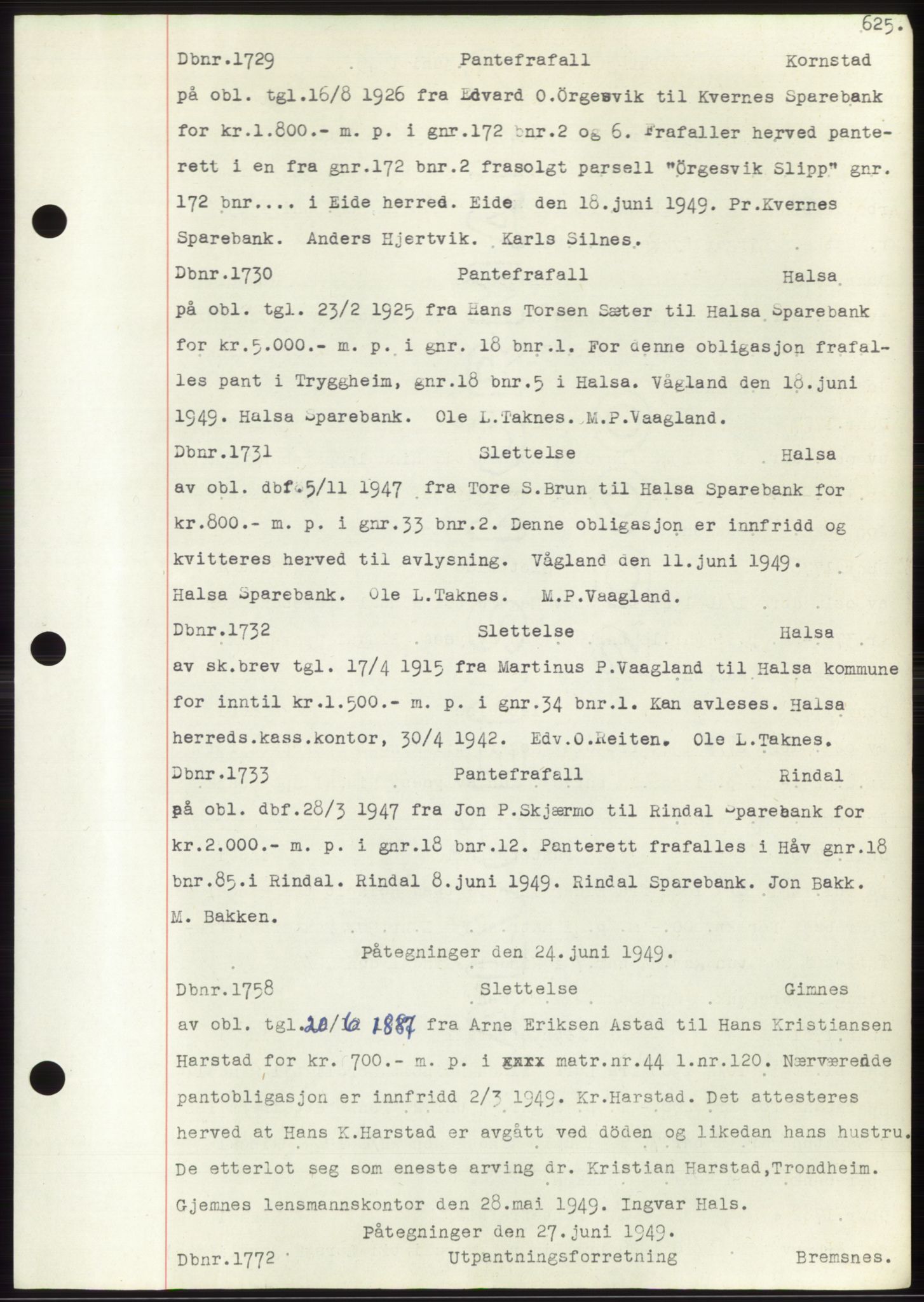 Nordmøre sorenskriveri, AV/SAT-A-4132/1/2/2Ca: Mortgage book no. C82b, 1946-1951, Diary no: : 1729/1949