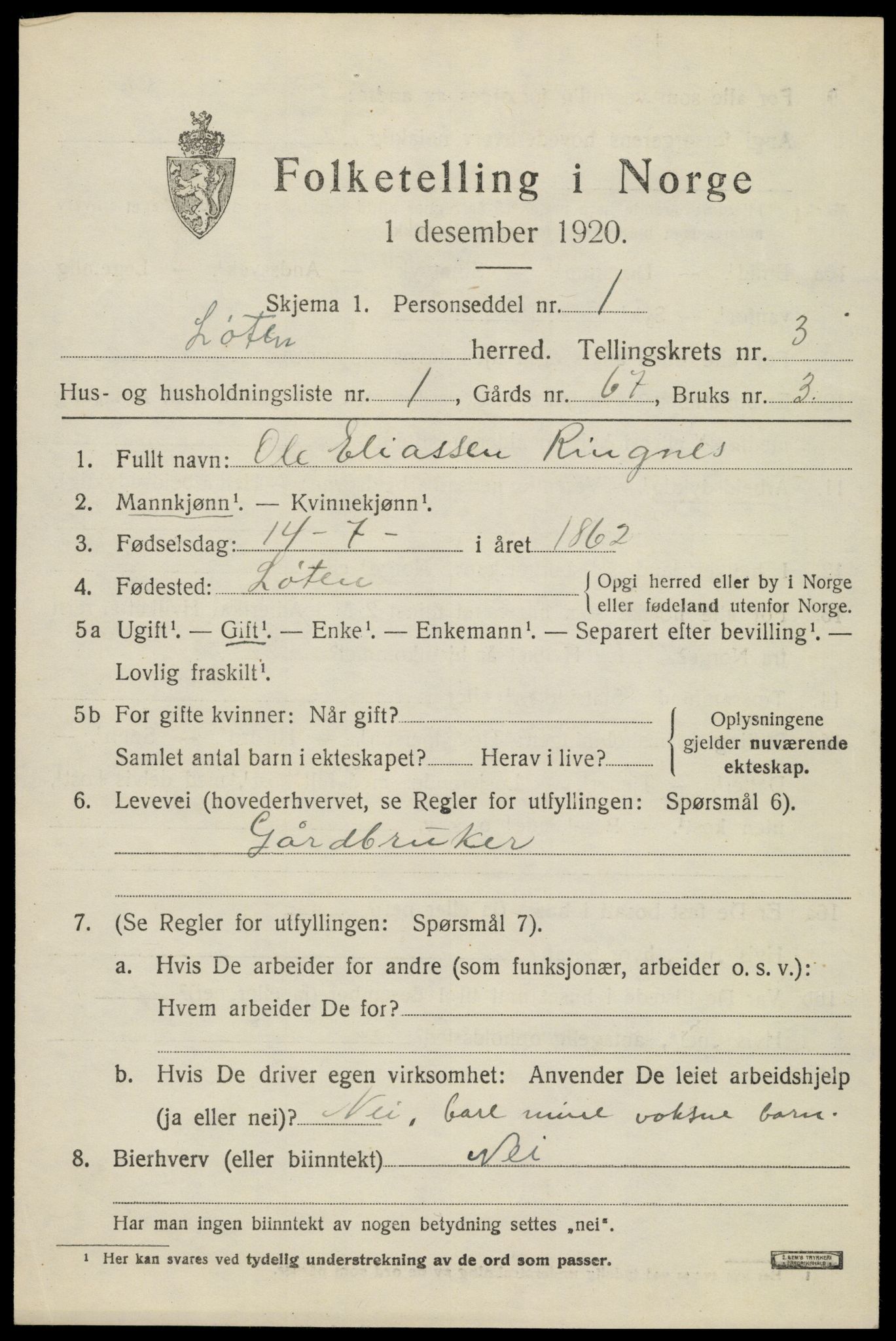 SAH, 1920 census for Løten, 1920, p. 7305