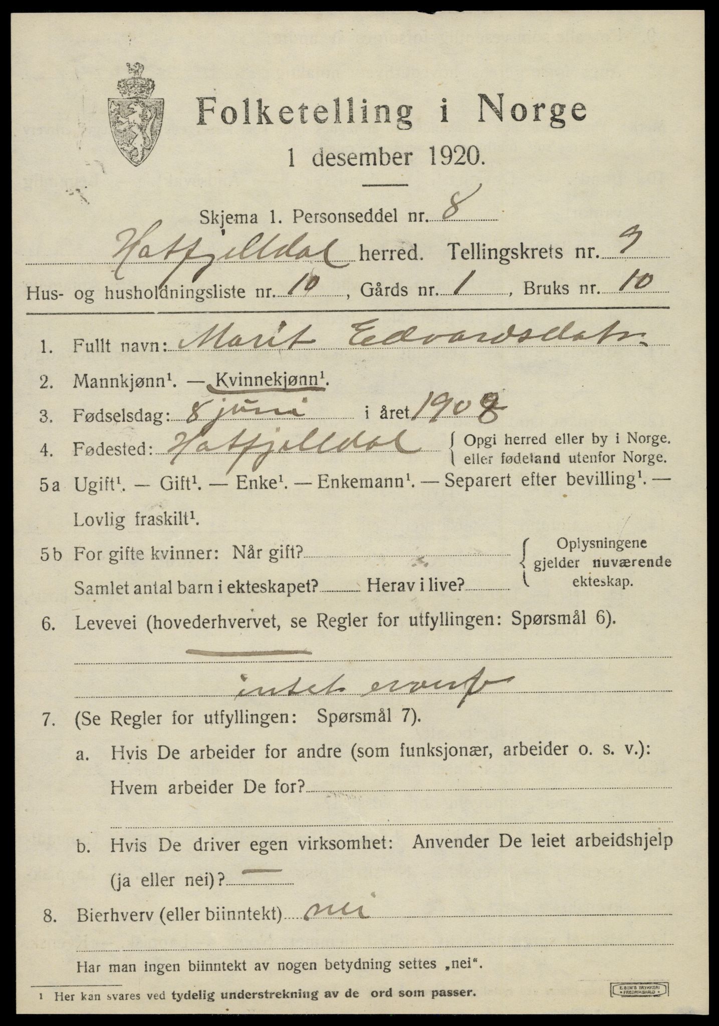 SAT, 1920 census for Hattfjelldal, 1920, p. 2276