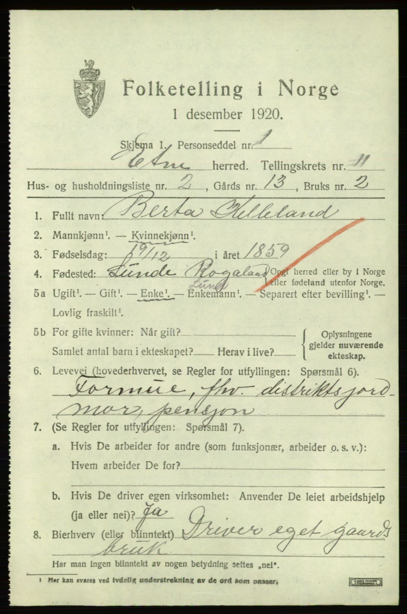 SAB, 1920 census for Etne, 1920, p. 4685