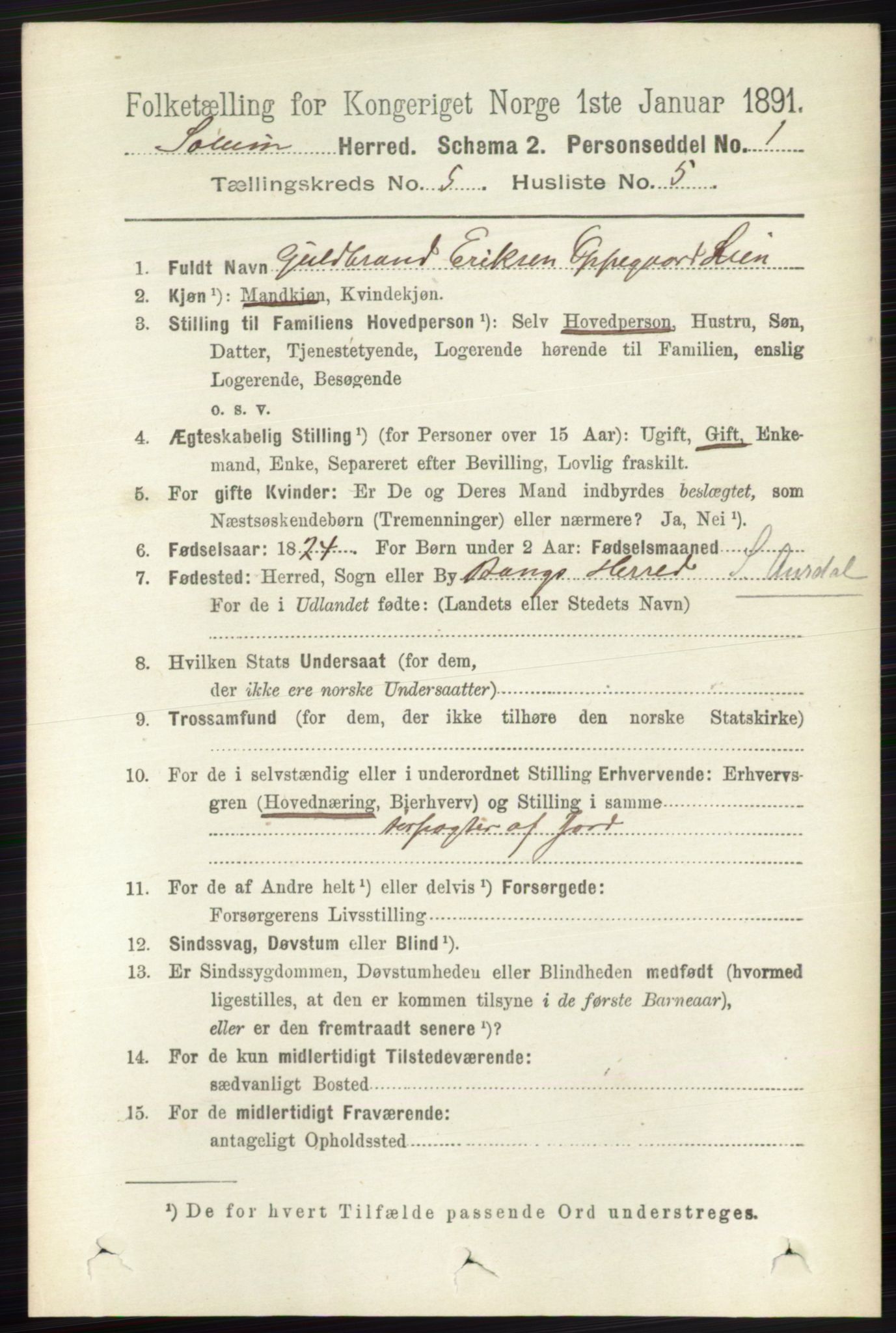 RA, 1891 census for 0818 Solum, 1891, p. 860