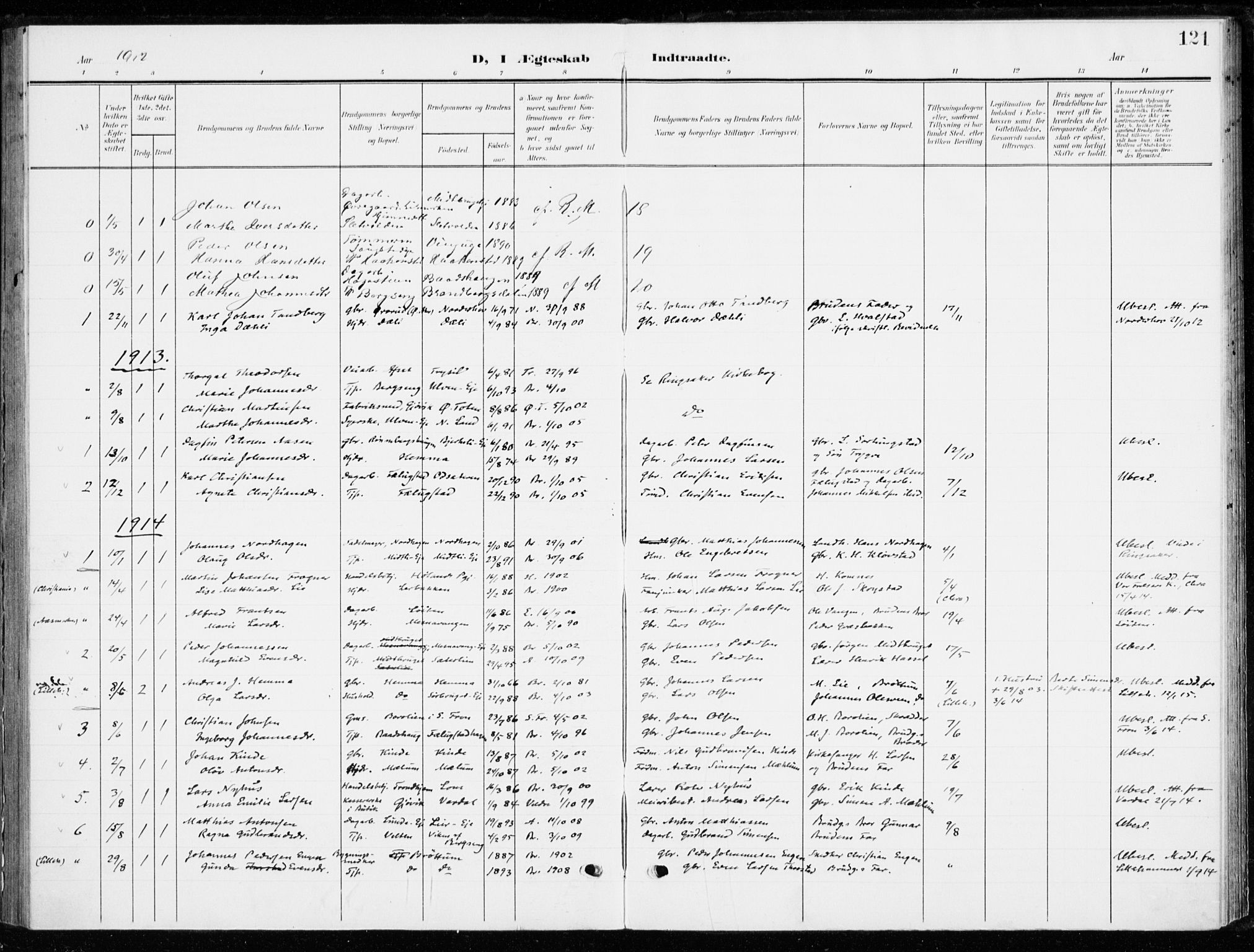 Ringsaker prestekontor, AV/SAH-PREST-014/K/Ka/L0021: Parish register (official) no. 21, 1905-1920, p. 121