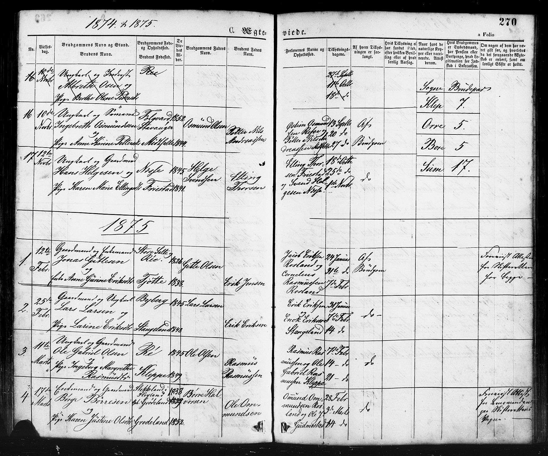 Klepp sokneprestkontor, AV/SAST-A-101803/001/3/30BA/L0006: Parish register (official) no. A 6, 1871-1885, p. 270