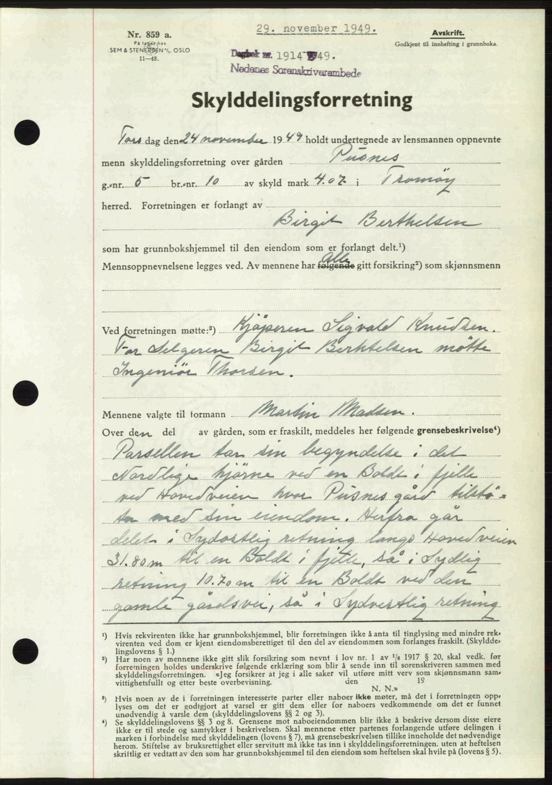 Nedenes sorenskriveri, AV/SAK-1221-0006/G/Gb/Gba/L0061: Mortgage book no. A13, 1949-1949, Diary no: : 1914/1949