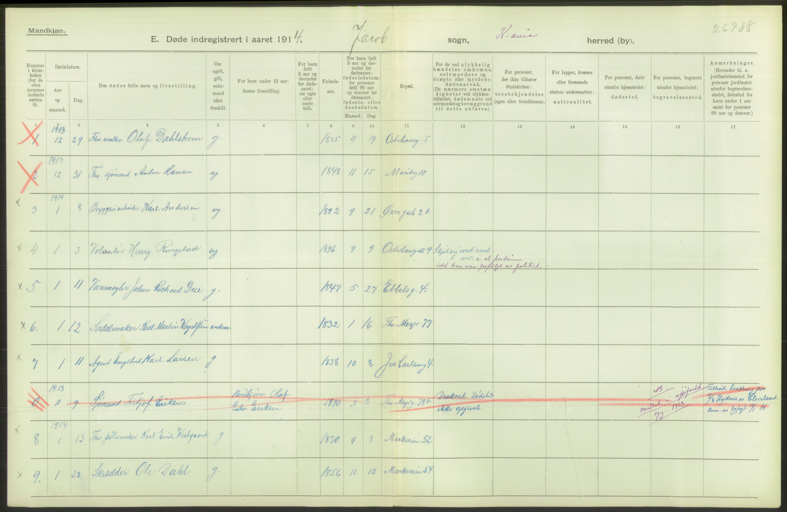 Statistisk sentralbyrå, Sosiodemografiske emner, Befolkning, AV/RA-S-2228/D/Df/Dfb/Dfbd/L0008: Kristiania: Døde, 1914, p. 564