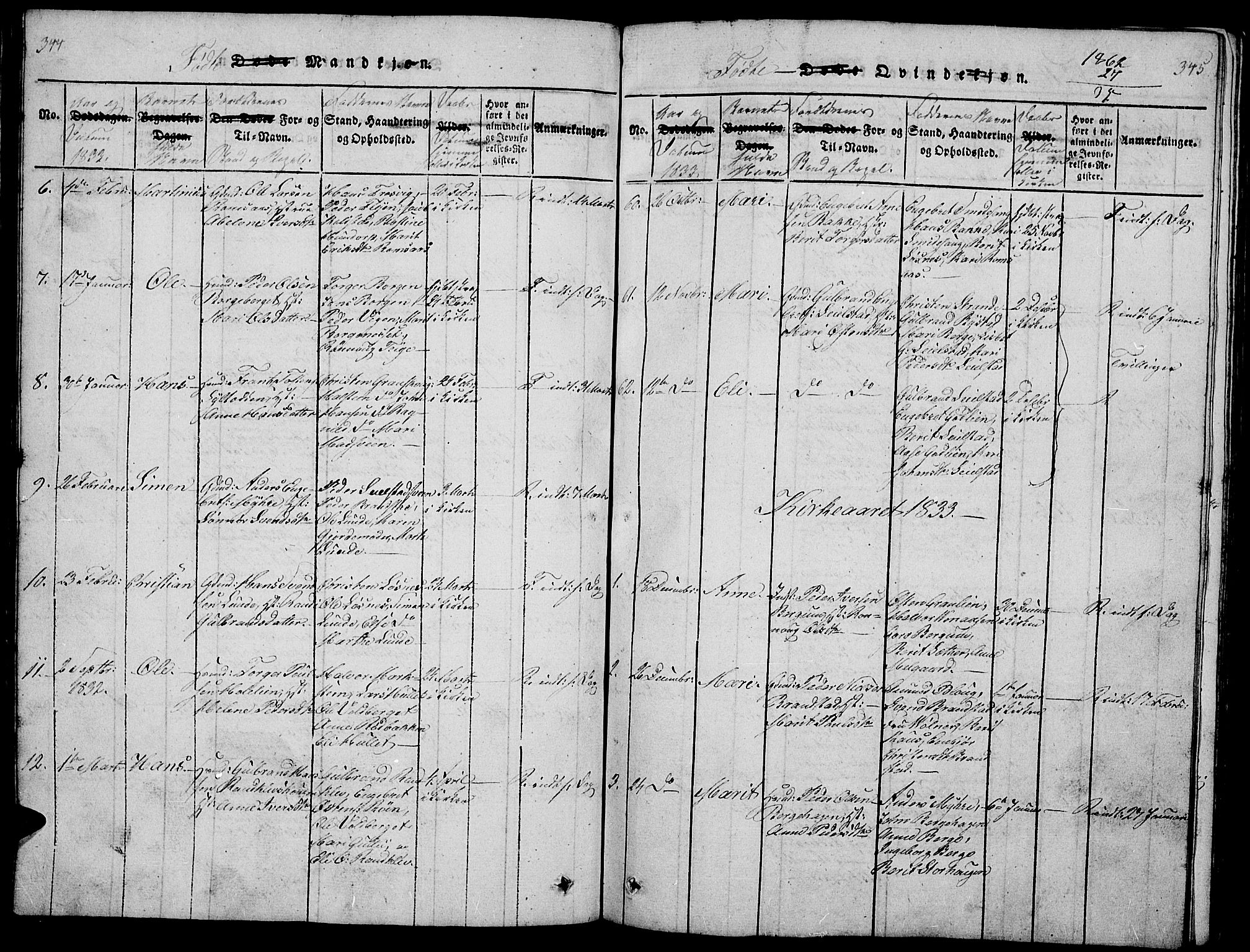 Ringebu prestekontor, SAH/PREST-082/H/Ha/Hab/L0001: Parish register (copy) no. 1, 1821-1839, p. 344-345