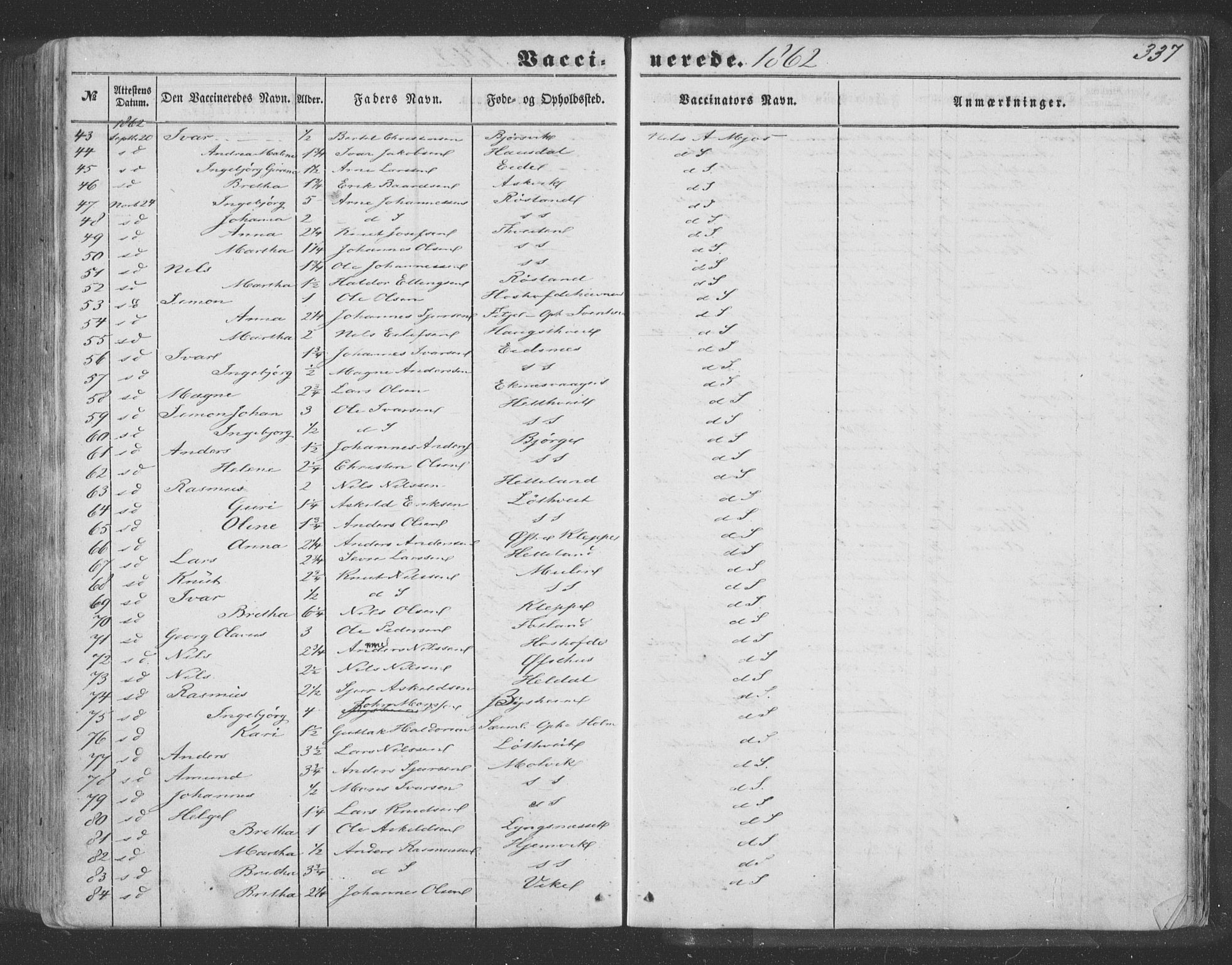 Hosanger sokneprestembete, AV/SAB-A-75801/H/Haa: Parish register (official) no. A 8, 1849-1863, p. 337