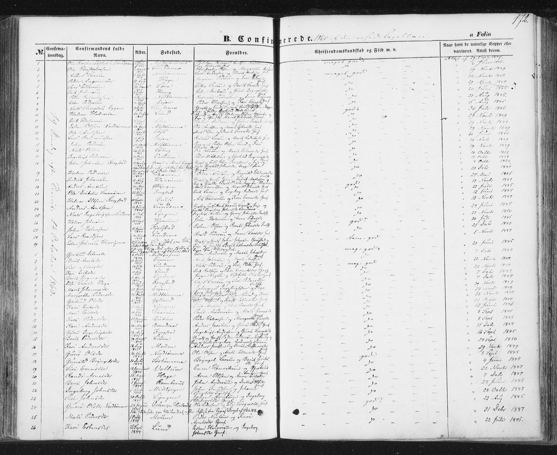 Ministerialprotokoller, klokkerbøker og fødselsregistre - Sør-Trøndelag, SAT/A-1456/692/L1103: Parish register (official) no. 692A03, 1849-1870, p. 172