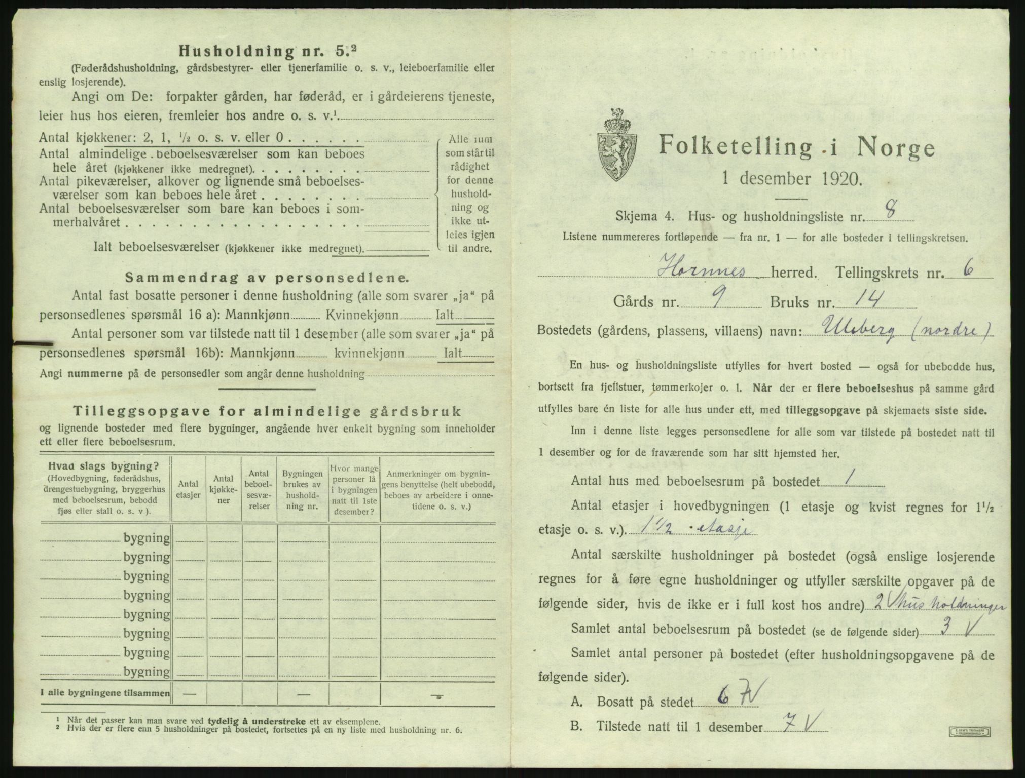 SAK, 1920 census for Hornnes, 1920, p. 259