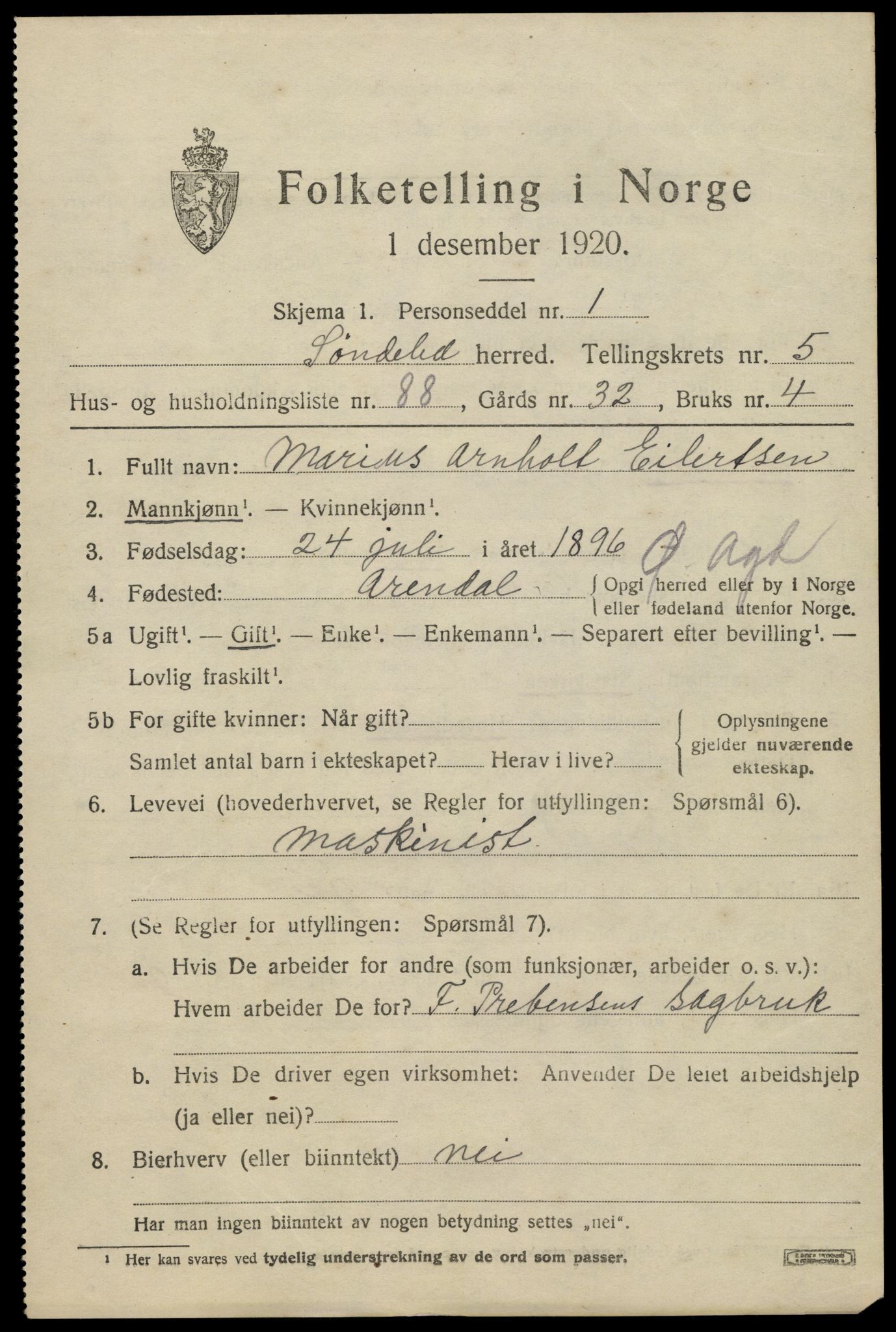 SAK, 1920 census for Søndeled, 1920, p. 3691