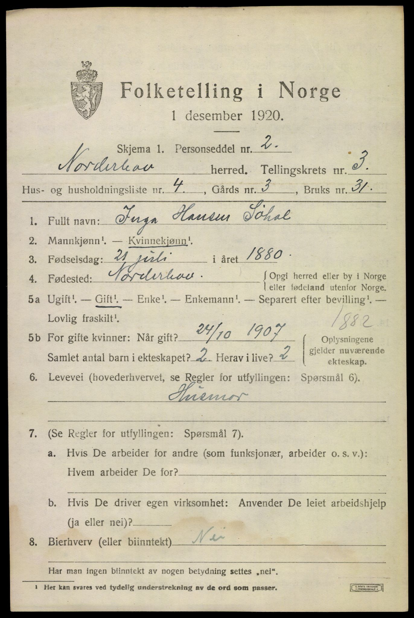 SAKO, 1920 census for Norderhov, 1920, p. 5300