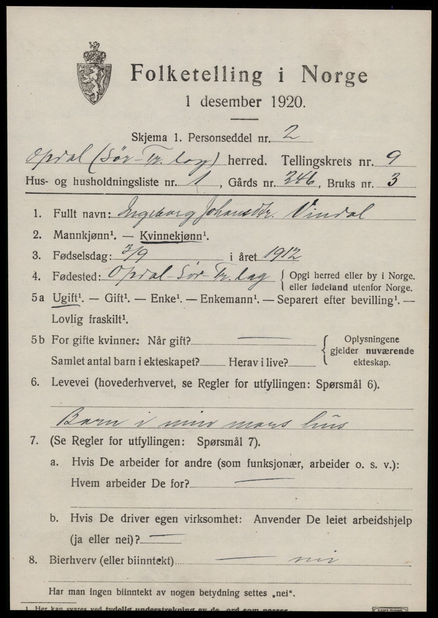 SAT, 1920 census for Oppdal, 1920, p. 7129