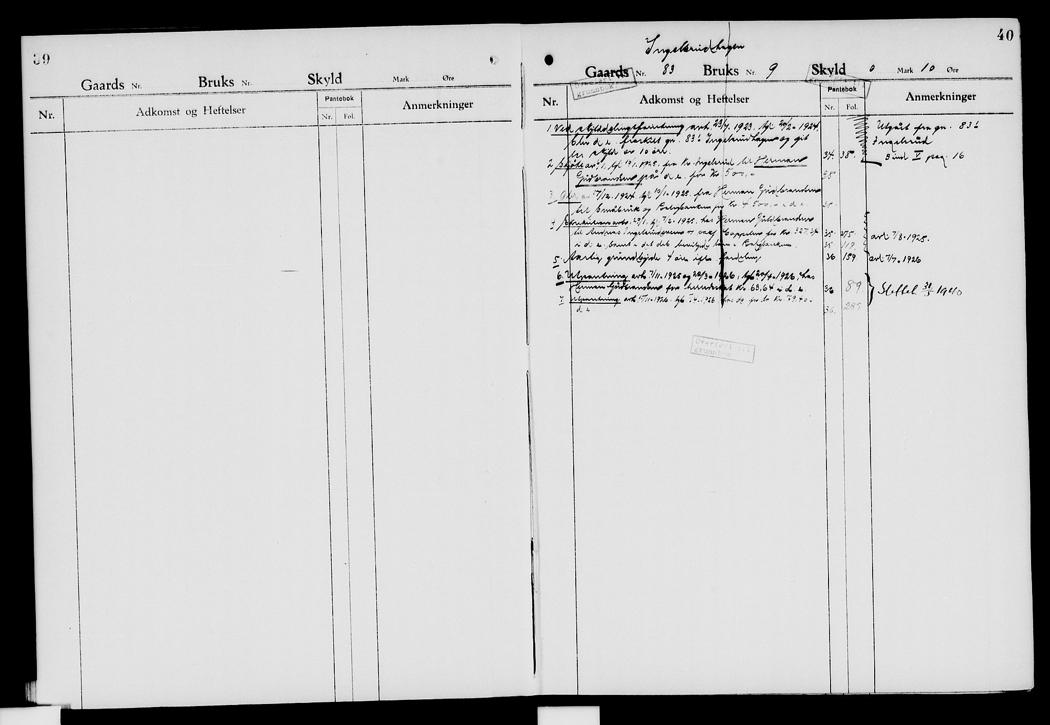 Nord-Hedmark sorenskriveri, SAH/TING-012/H/Ha/Had/Hade/L0007: Mortgage register no. 4.7, 1924-1940, p. 39-40