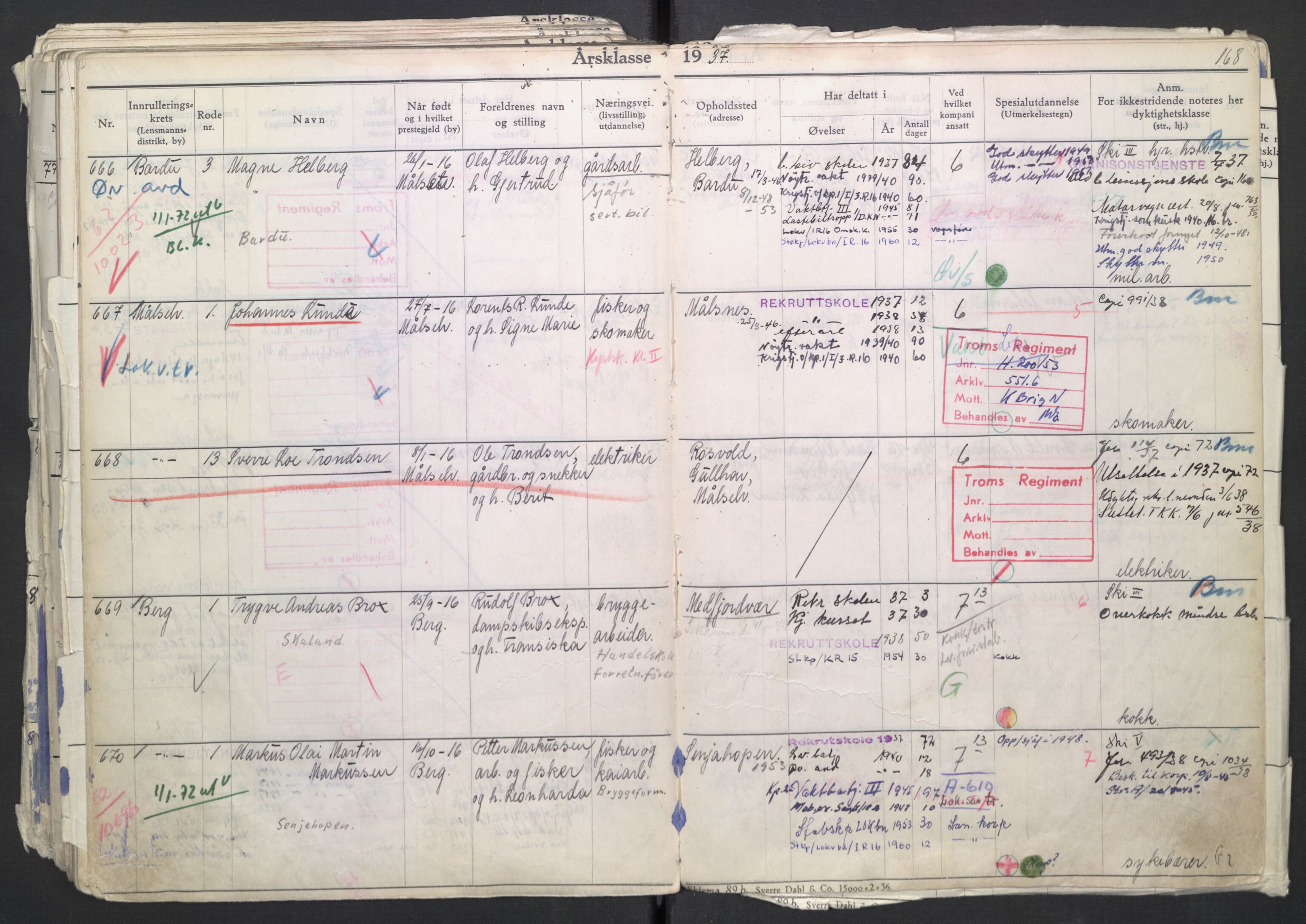 Forsvaret, Troms infanteriregiment nr. 16, AV/RA-RAFA-3146/P/Pa/L0007/0002: Ruller / Rulle for regimentets menige mannskaper, årsklasse 1937, 1937, p. 168