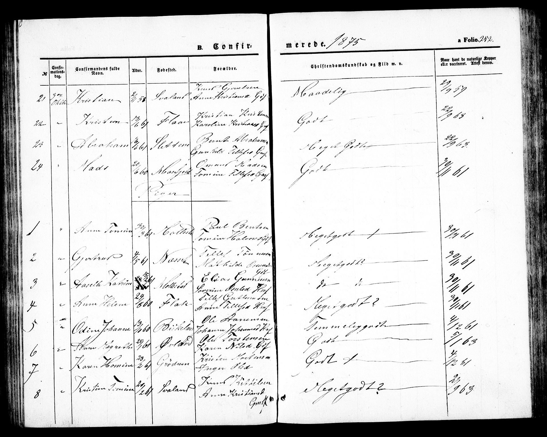 Birkenes sokneprestkontor, SAK/1111-0004/F/Fb/L0002: Parish register (copy) no. B 2, 1849-1876, p. 252