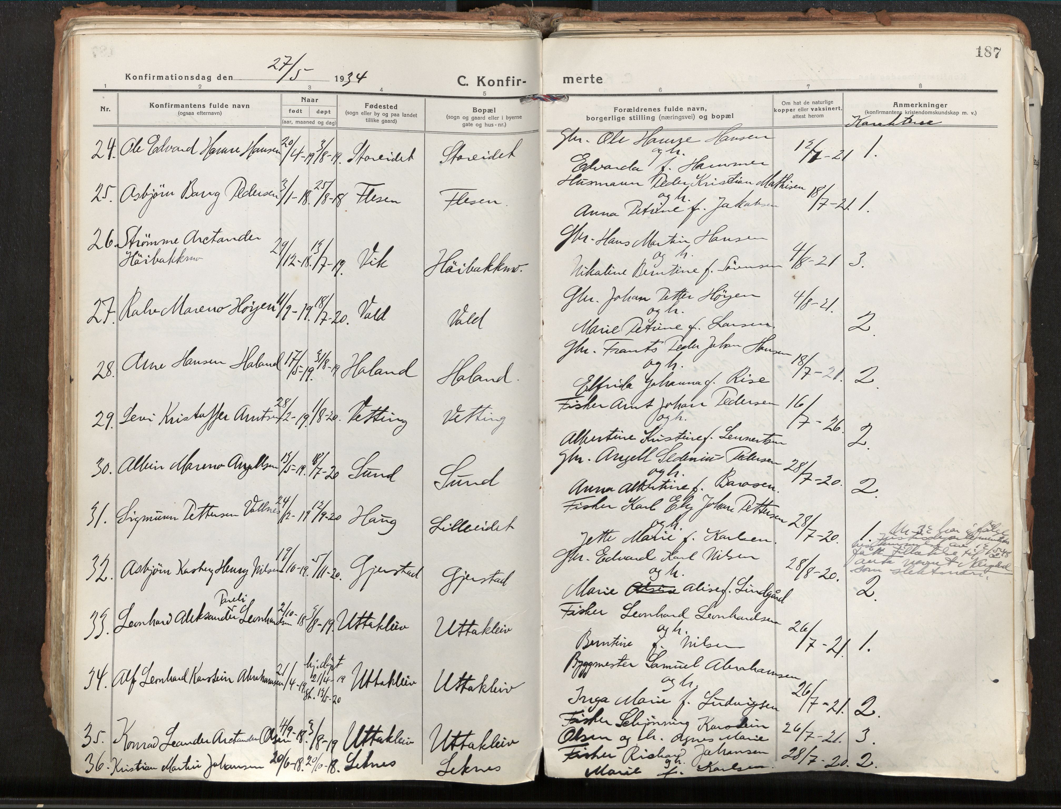 Ministerialprotokoller, klokkerbøker og fødselsregistre - Nordland, AV/SAT-A-1459/881/L1160: Parish register (official) no. 881A13, 1919-1937, p. 187