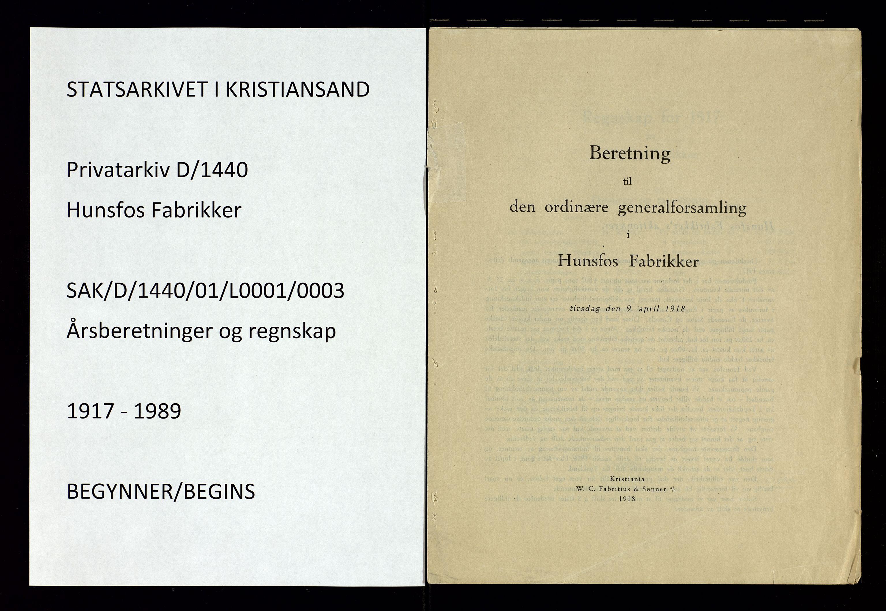 Hunsfos fabrikker, SAK/D/1440/01/L0001/0003: Vedtekter, anmeldelser og årsberetninger / Årsberetninger og regnskap, 1918-1989, p. 1