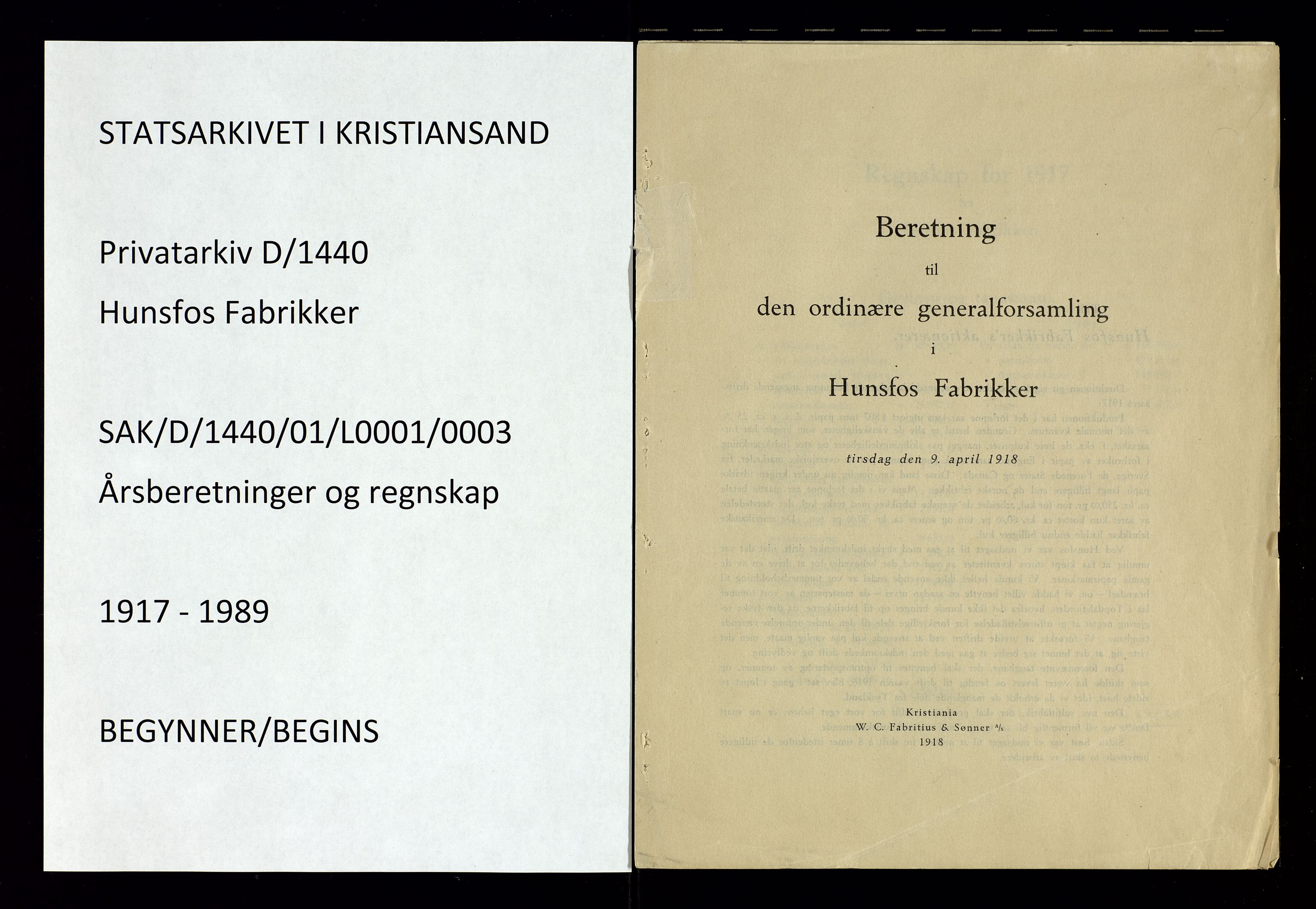 Hunsfos fabrikker, AV/SAK-D/1440/01/L0001/0003: Vedtekter, anmeldelser og årsberetninger / Årsberetninger og regnskap, 1918-1989, p. 1