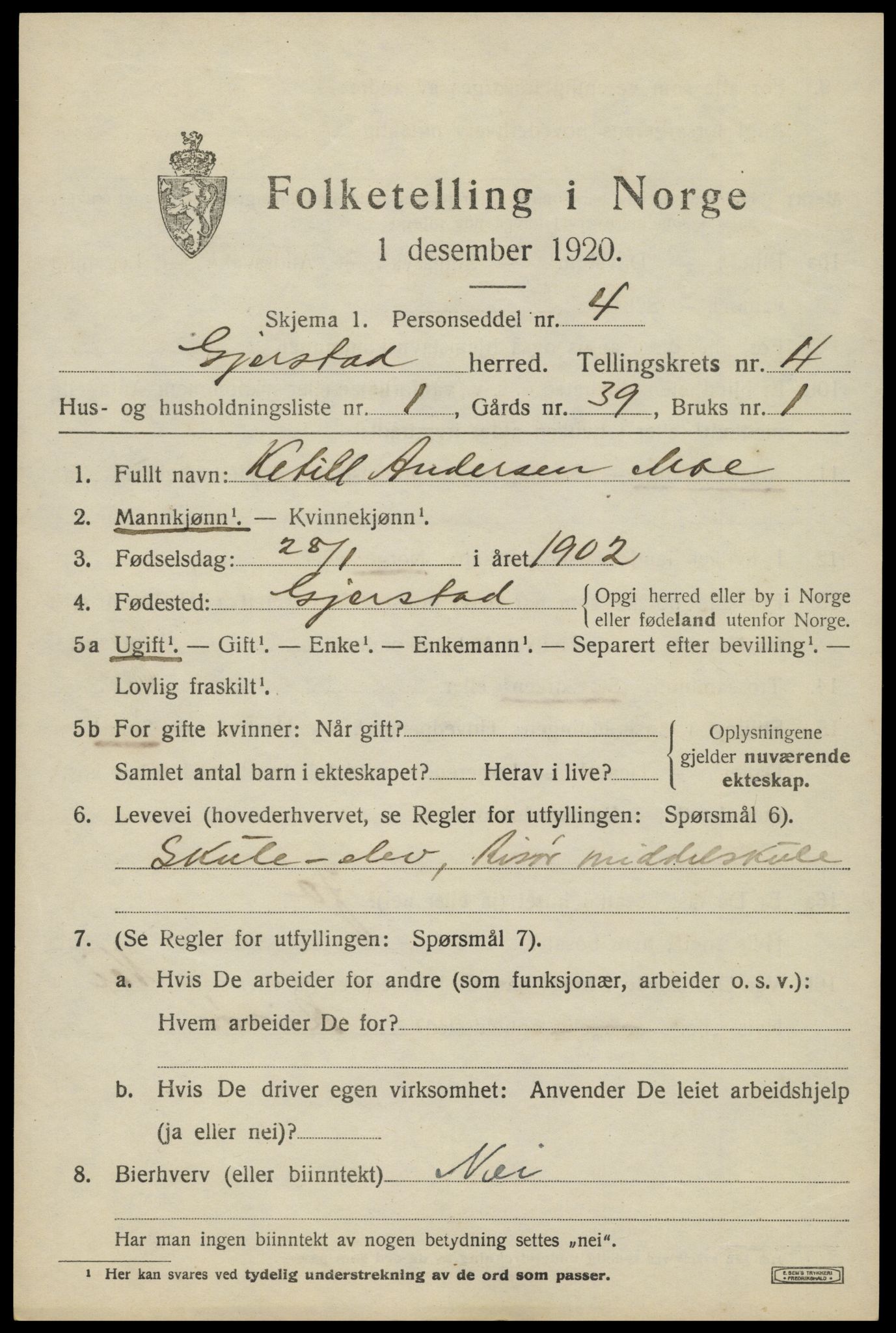 SAK, 1920 census for Gjerstad, 1920, p. 2711