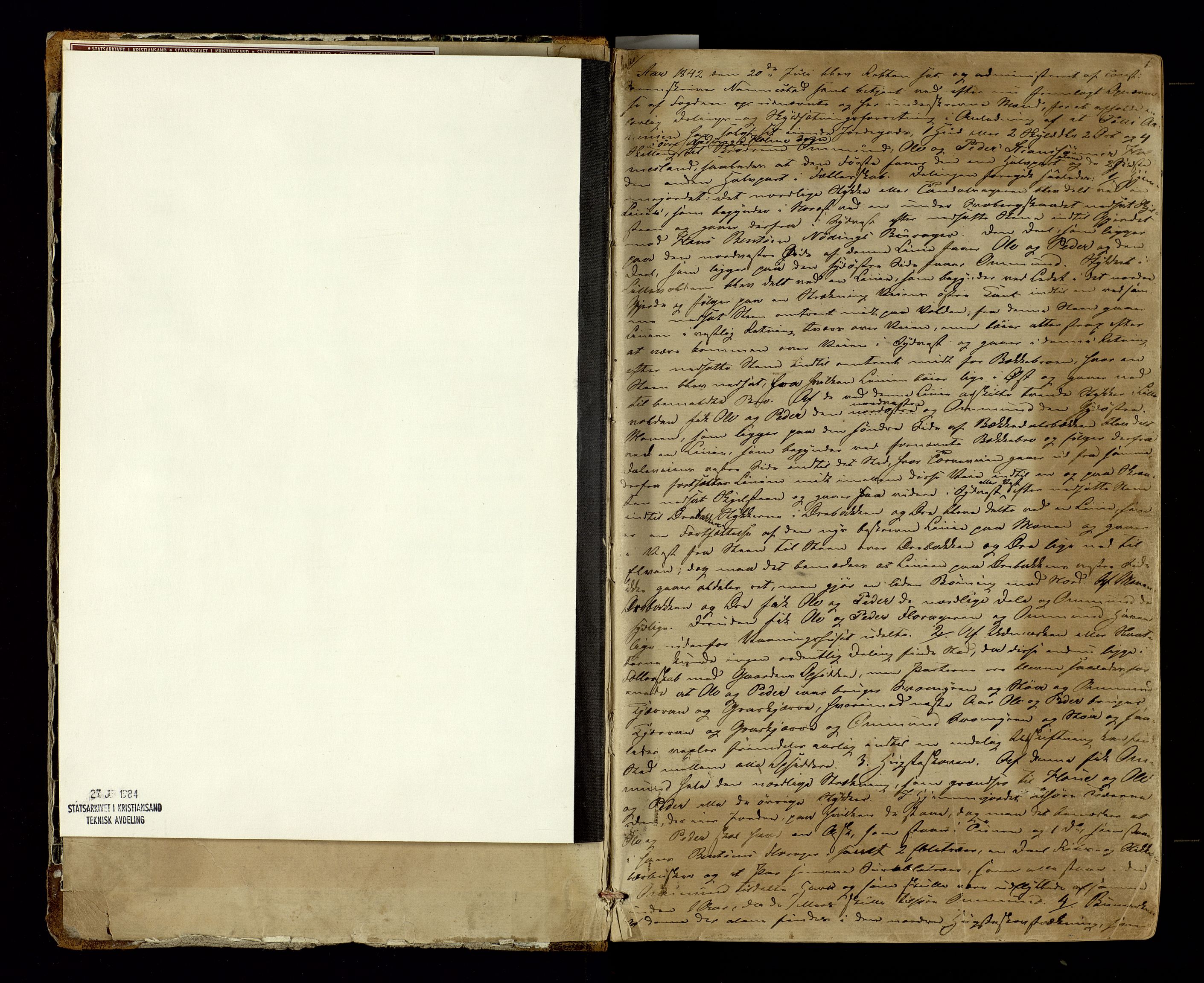 Mandal sorenskriveri, SAK/1221-0005/001/F/Fb/L0015: Ekstrarettsprotokoll med register for fast eiendom nr 13, 1842-1847, p. 1