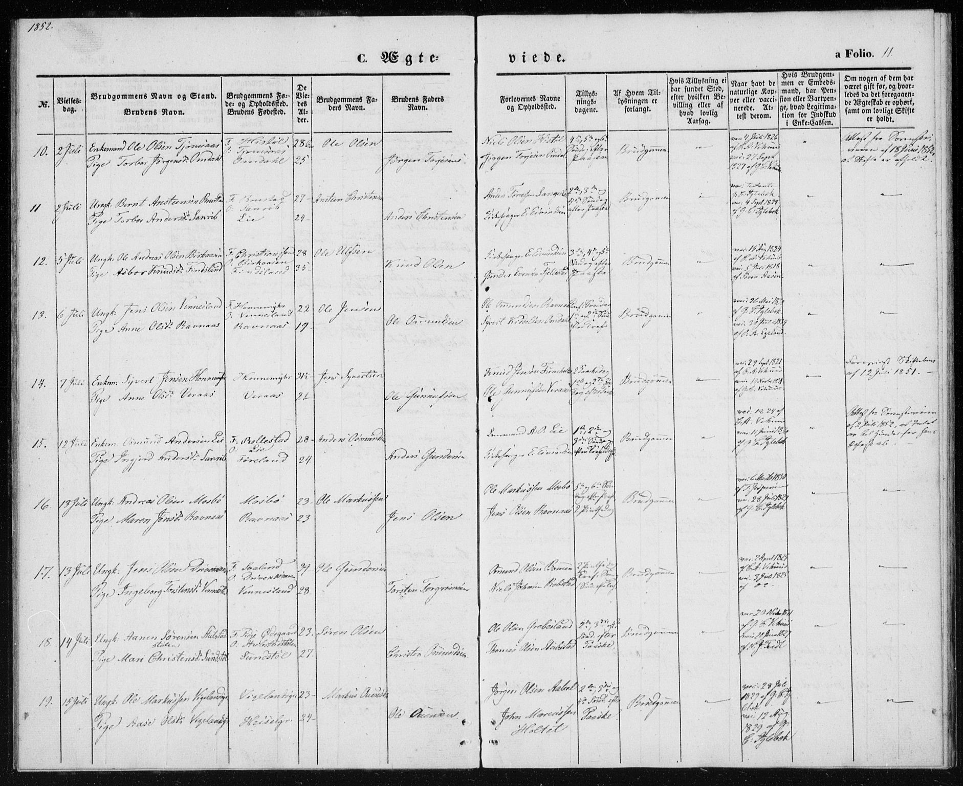 Vennesla sokneprestkontor, SAK/1111-0045/Fa/Fac/L0006: Parish register (official) no. A 6, 1846-1855, p. 11