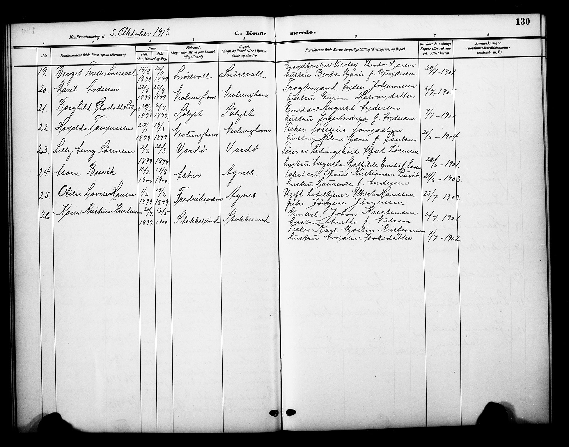 Brunlanes kirkebøker, AV/SAKO-A-342/G/Gb/L0003: Parish register (copy) no. II 3, 1903-1928, p. 130