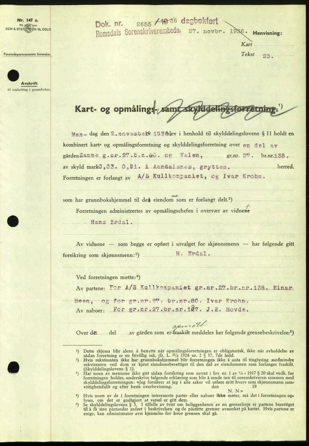 Romsdal sorenskriveri, AV/SAT-A-4149/1/2/2C: Mortgage book no. A2, 1936-1937, Diary no: : 2655/1936